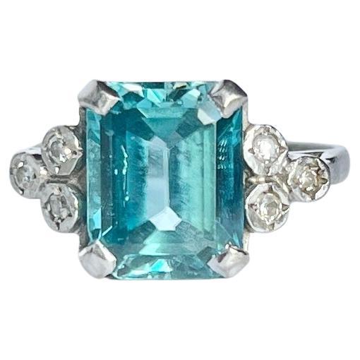 Vintage Blue Topaz and Diamond 9 Carat White Gold Ring For Sale