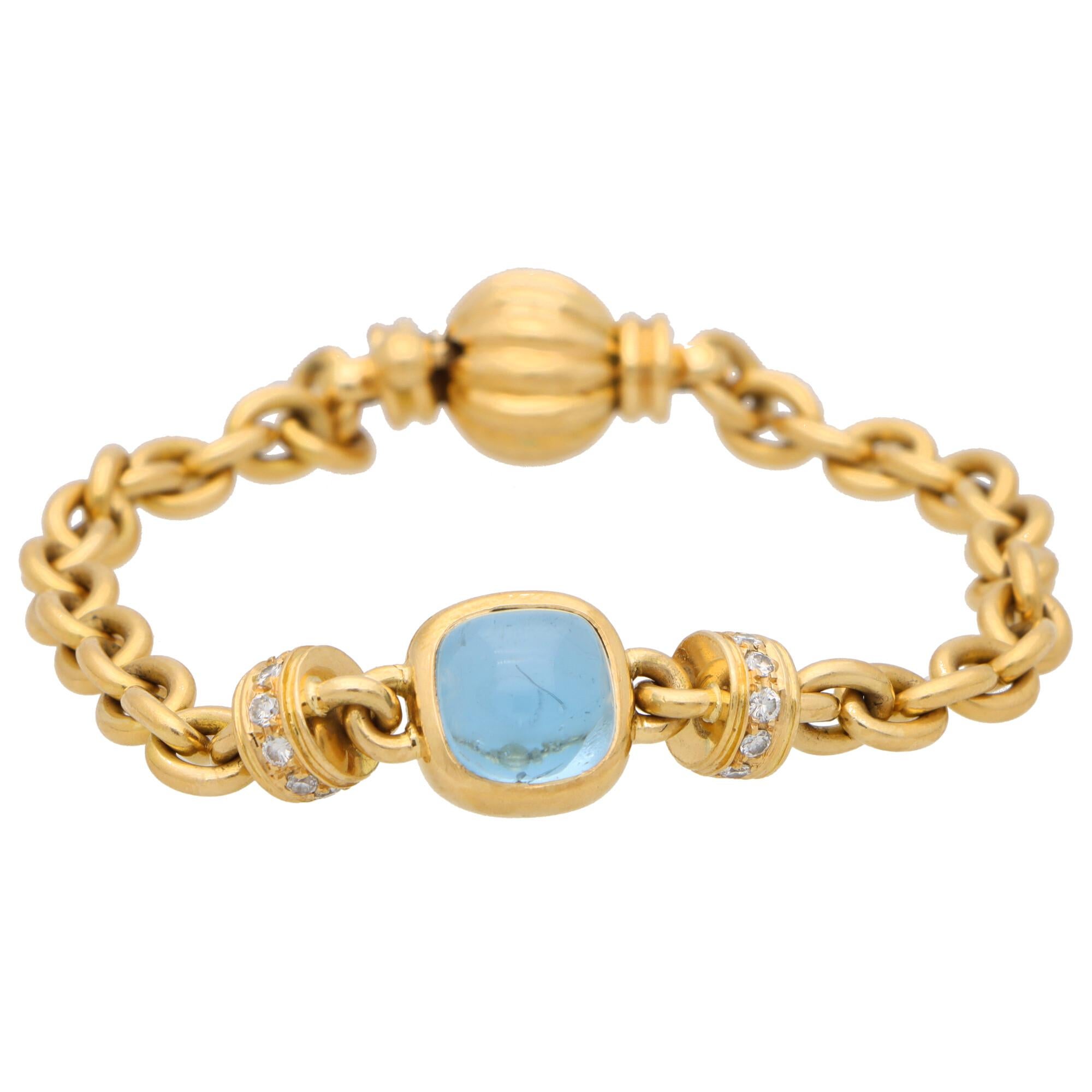 Schweres Gliederarmband mit blauem Topas und Diamanten aus 18 Karat Gelbgold (Cabochon)