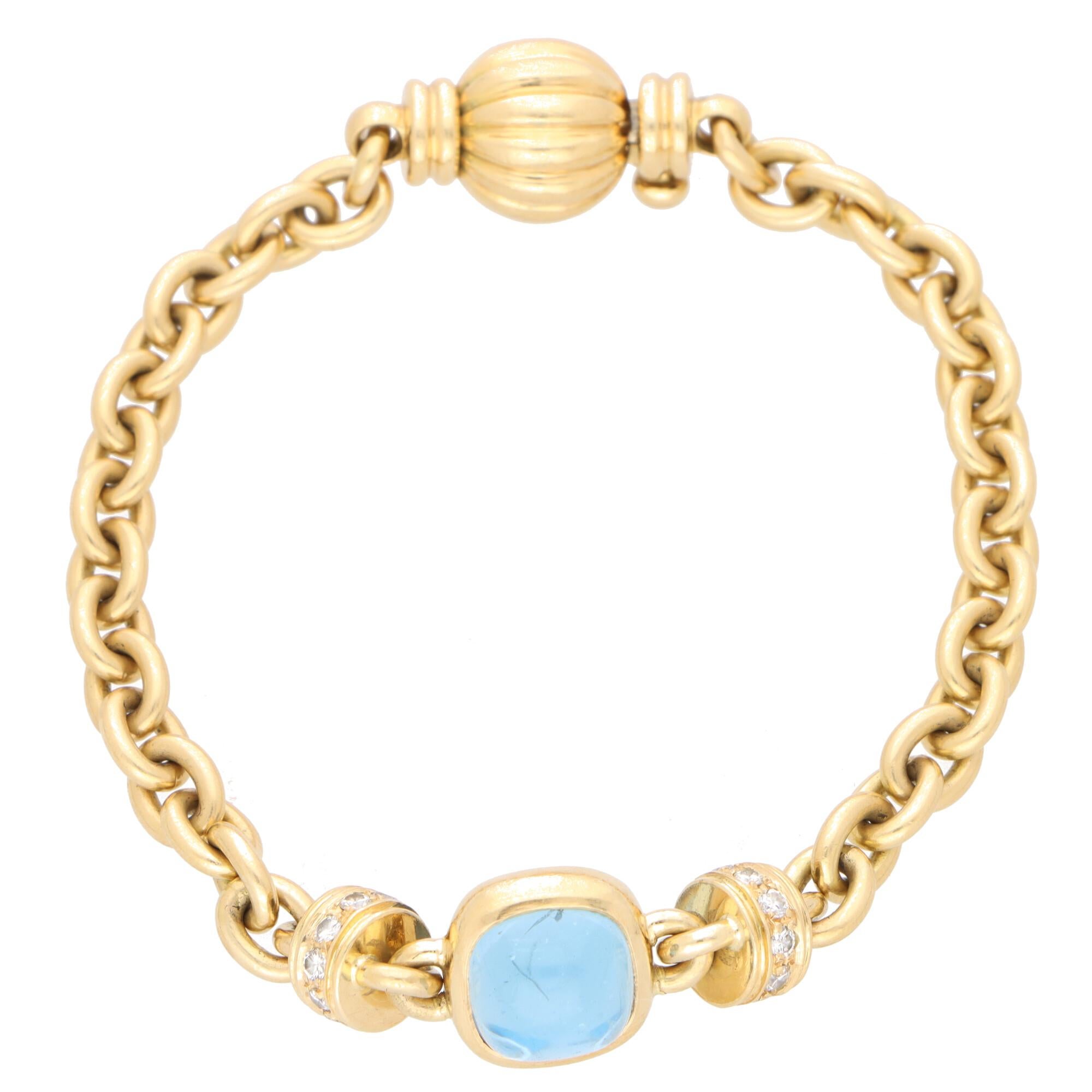 Schweres Gliederarmband mit blauem Topas und Diamanten aus 18 Karat Gelbgold für Damen oder Herren