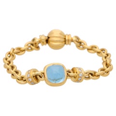  Vintage Blue Topaz and Diamond Heavy Link Bracelet Set in 18k Yellow Gold