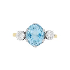 Vintage Blue Topaz and Diamond Three-Stone Ring, circa 1940s