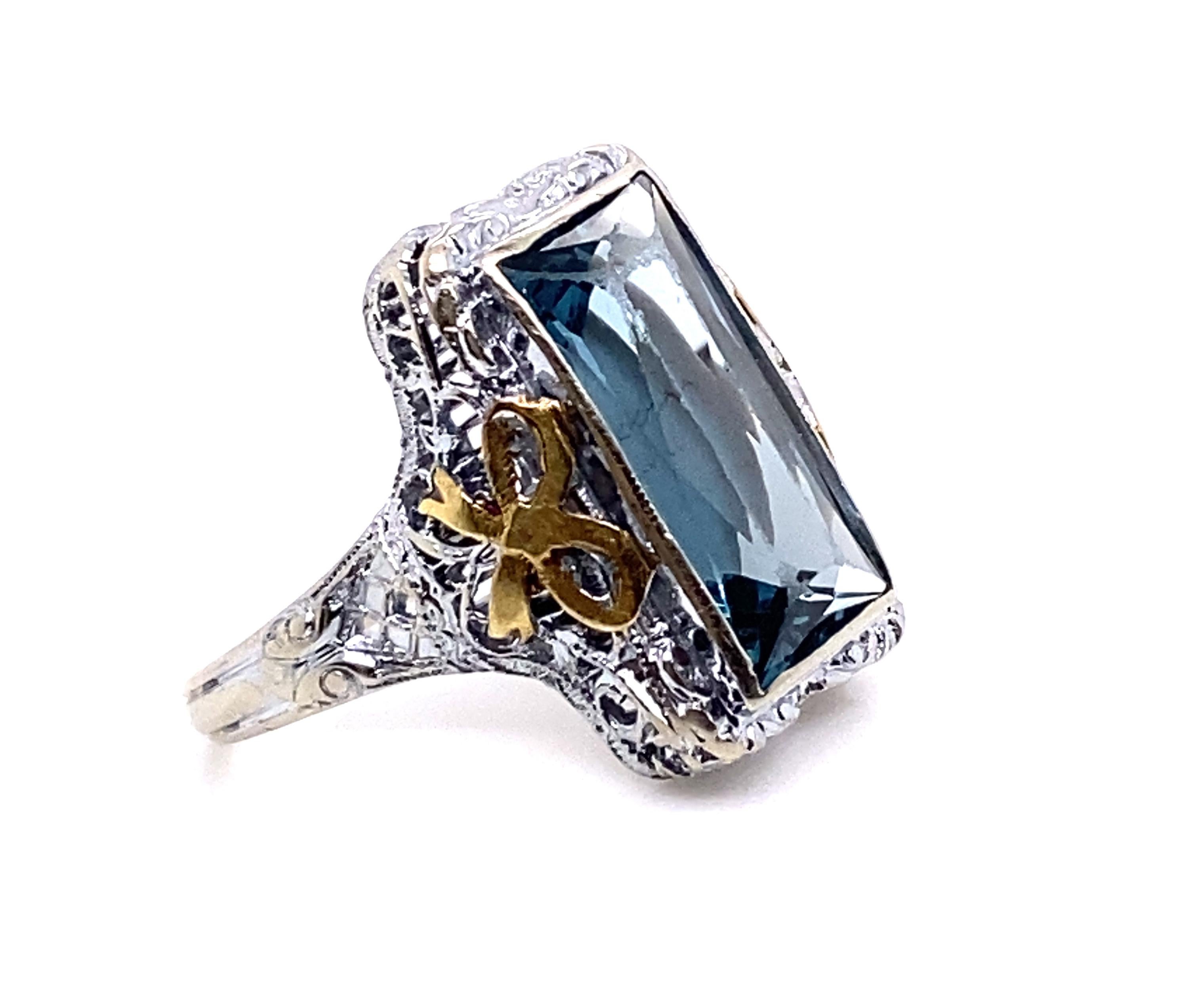 Vintage Blue Topaz Cocktail Ring 6ct Art Deco Filigree Antique 14K Bows In Good Condition In Dearborn, MI