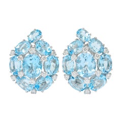 Vintage Blue Topaz Diamond 18 Karat White Gold Cluster Earrings