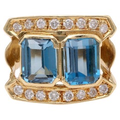 Vintage Blue Topaz Diamond Yellow Gold Cocktail Ring