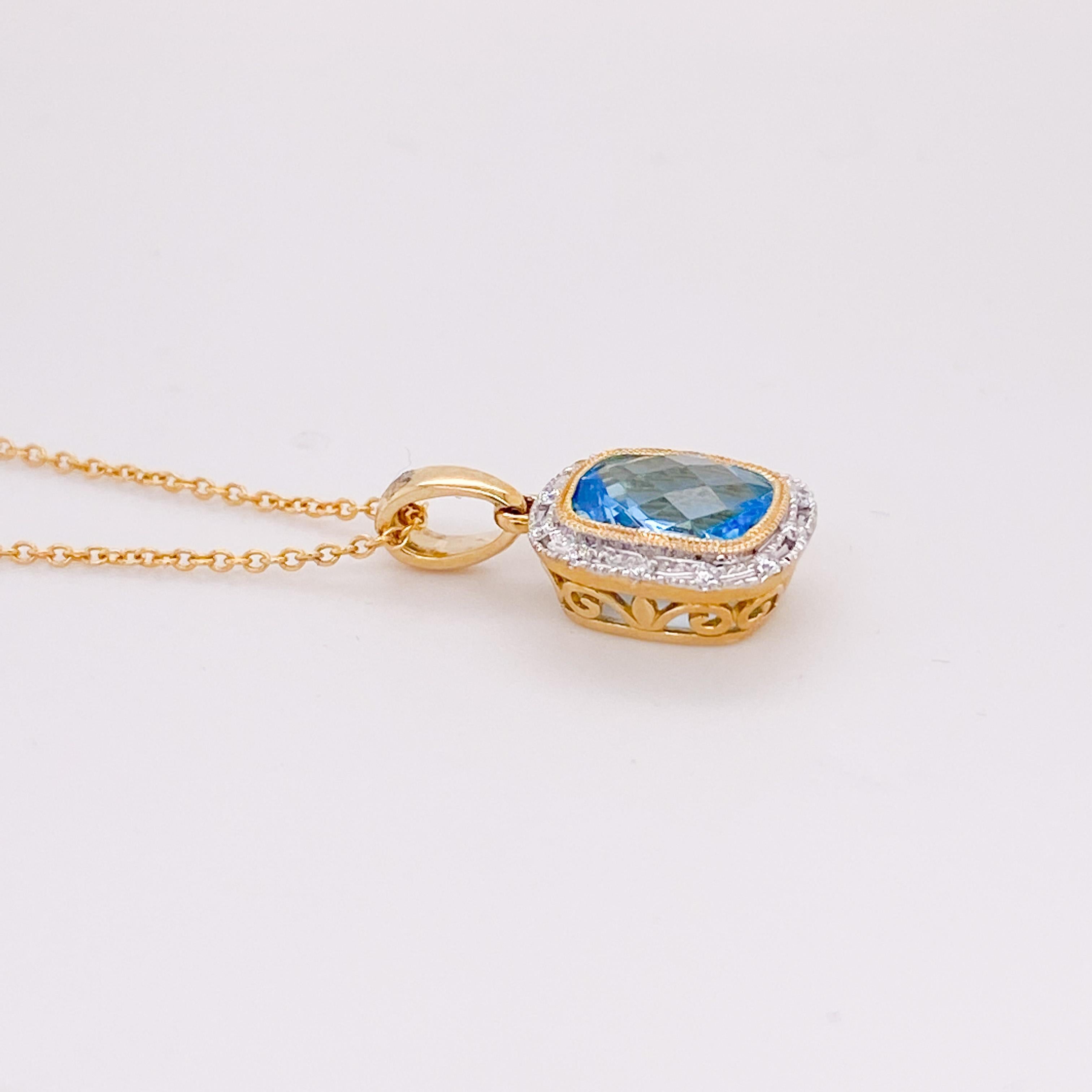 The cushion shape blue topaz is absolutely gorgeous. The scroll details on the pendant add a beautiful touch! The 14 karat gold cable chain is a lovely sleek look and secure design. You will not be disappointed with all the fine details of this