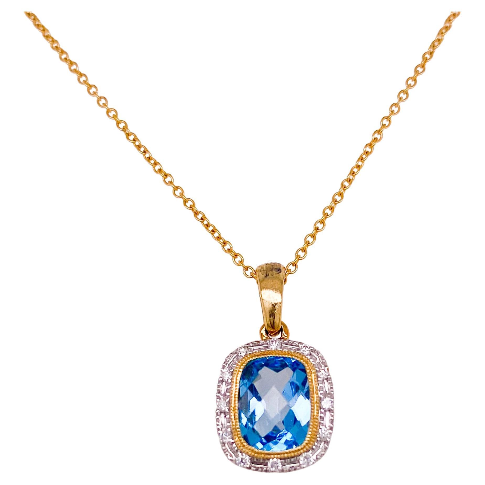 Two-Tone Blue Topaz and Diamond Necklace 14K For Sale