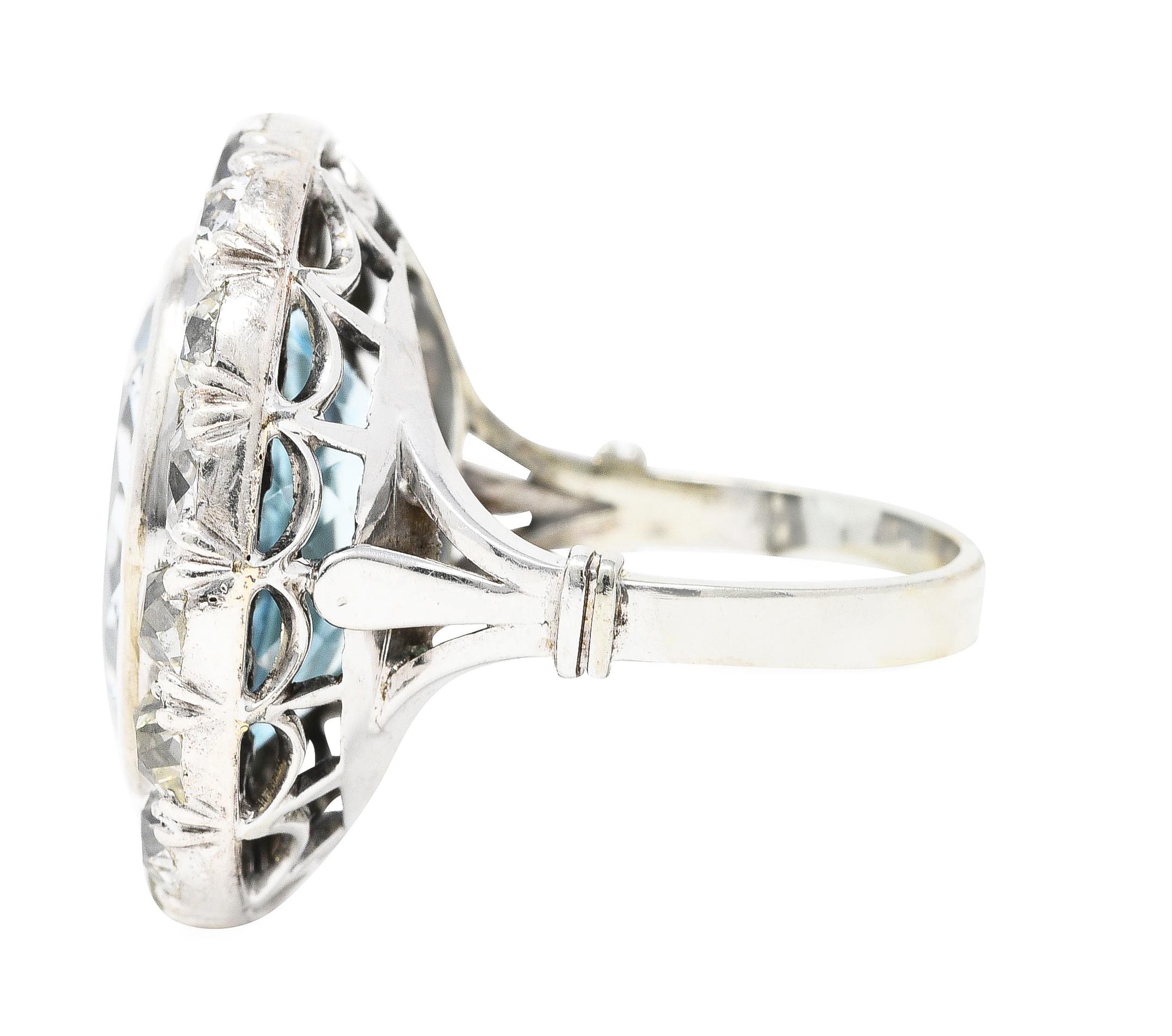 Vintage Blue Topaz Old Mine Diamond 14 Karat White Gold Cluster Cocktail Ring In Excellent Condition For Sale In Philadelphia, PA