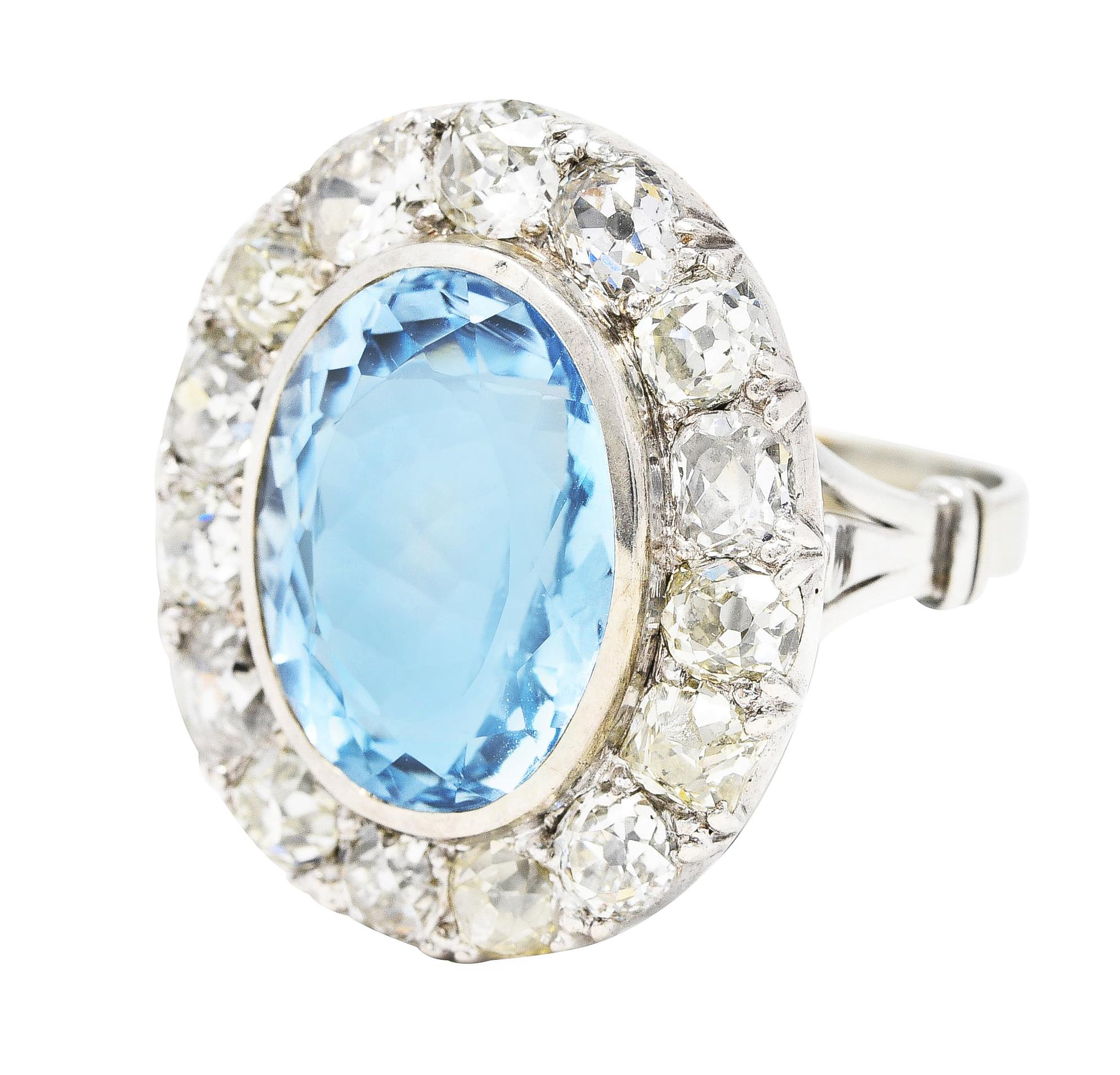 Women's or Men's Vintage Blue Topaz Old Mine Diamond 14 Karat White Gold Cluster Cocktail Ring For Sale