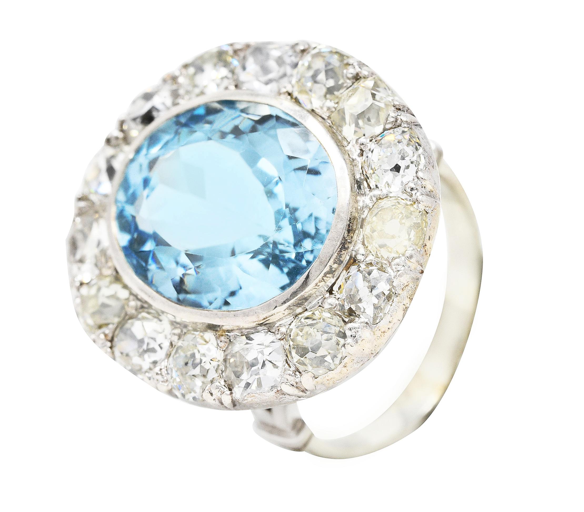 Vintage Blue Topaz Old Mine Diamond 14 Karat White Gold Cluster Cocktail Ring For Sale 1