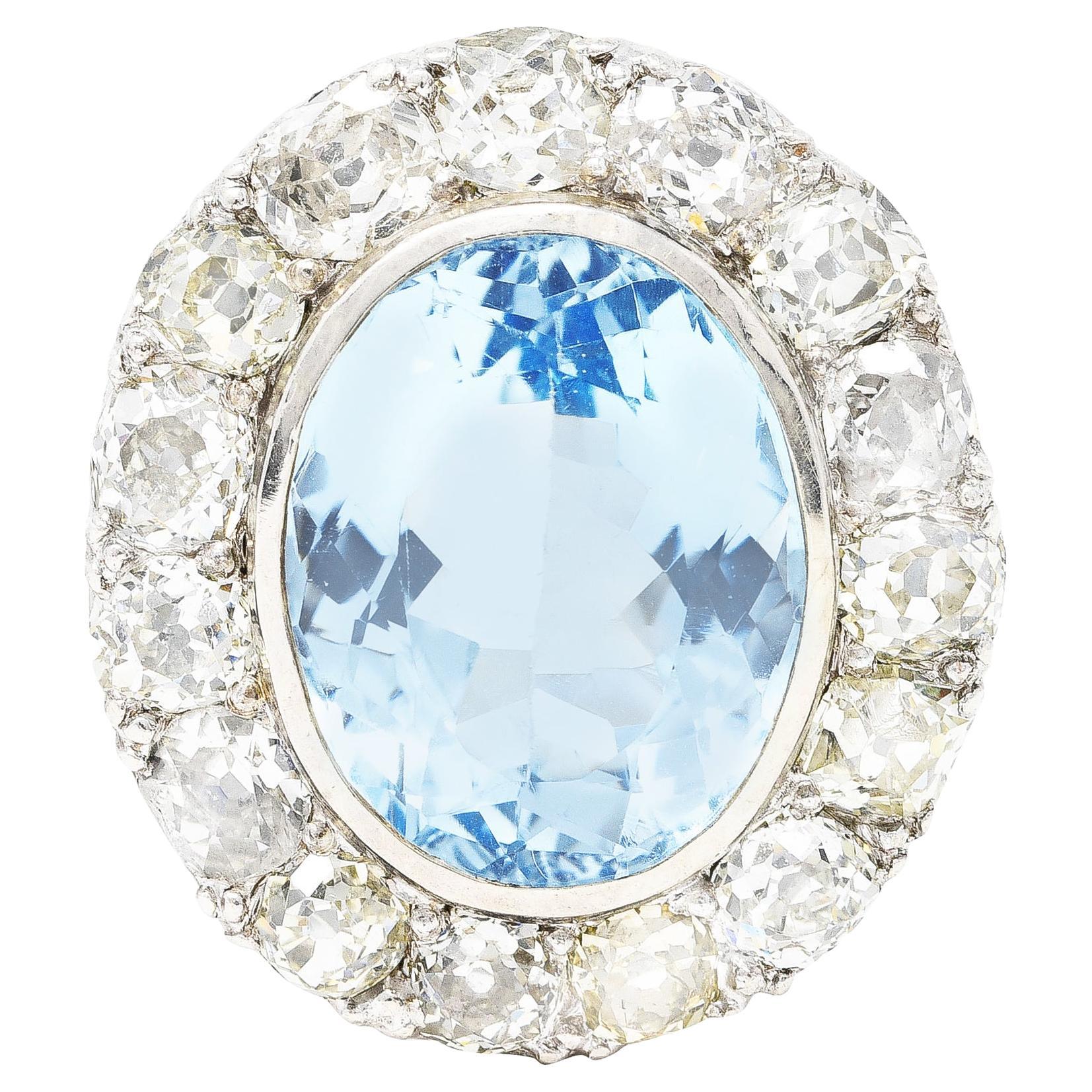 Vintage Blue Topaz Old Mine Diamond 14 Karat White Gold Cluster Cocktail Ring For Sale