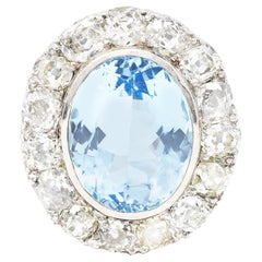 Retro Blue Topaz Old Mine Diamond 14 Karat White Gold Cluster Cocktail Ring