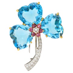 Vintage Blue Topaz Pink Sapphire Diamond 18 Karat Two-Tone Gold Clover Brooch