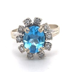 Vintage Blue topaz ring - 2ct Blue Topaz Ring, 18K white gold, diamond Halo ring
