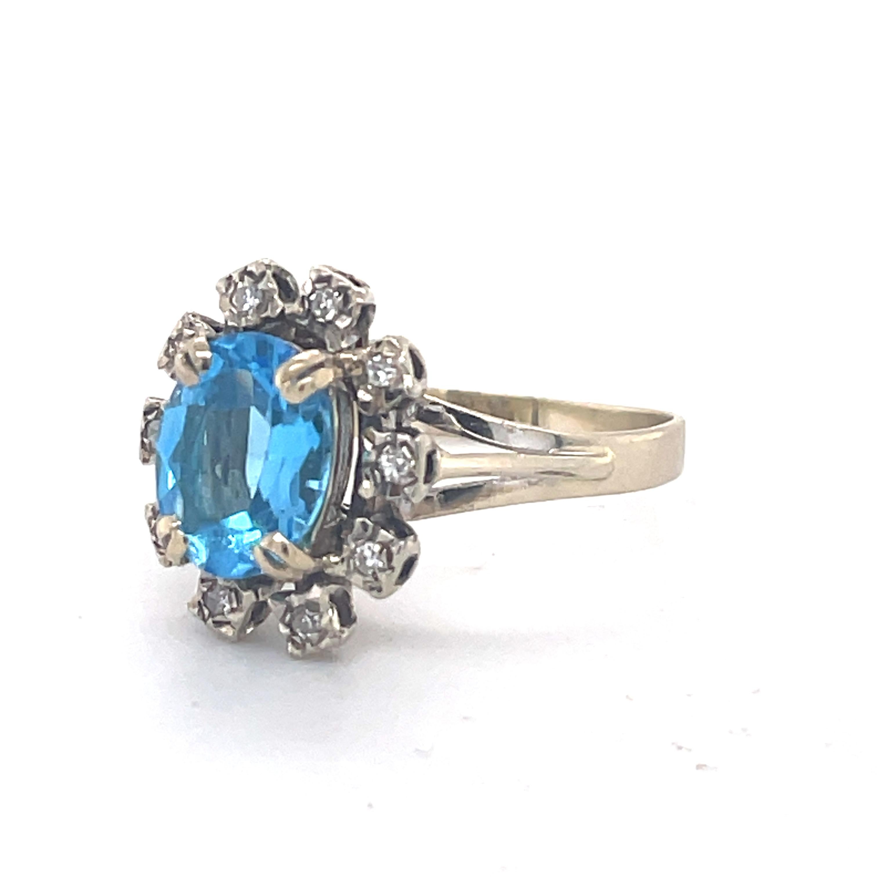 Oval Cut Vintage Blue topaz ring - 2ct Blue Topaz Ring, 18K white gold, diamond Halo ring For Sale