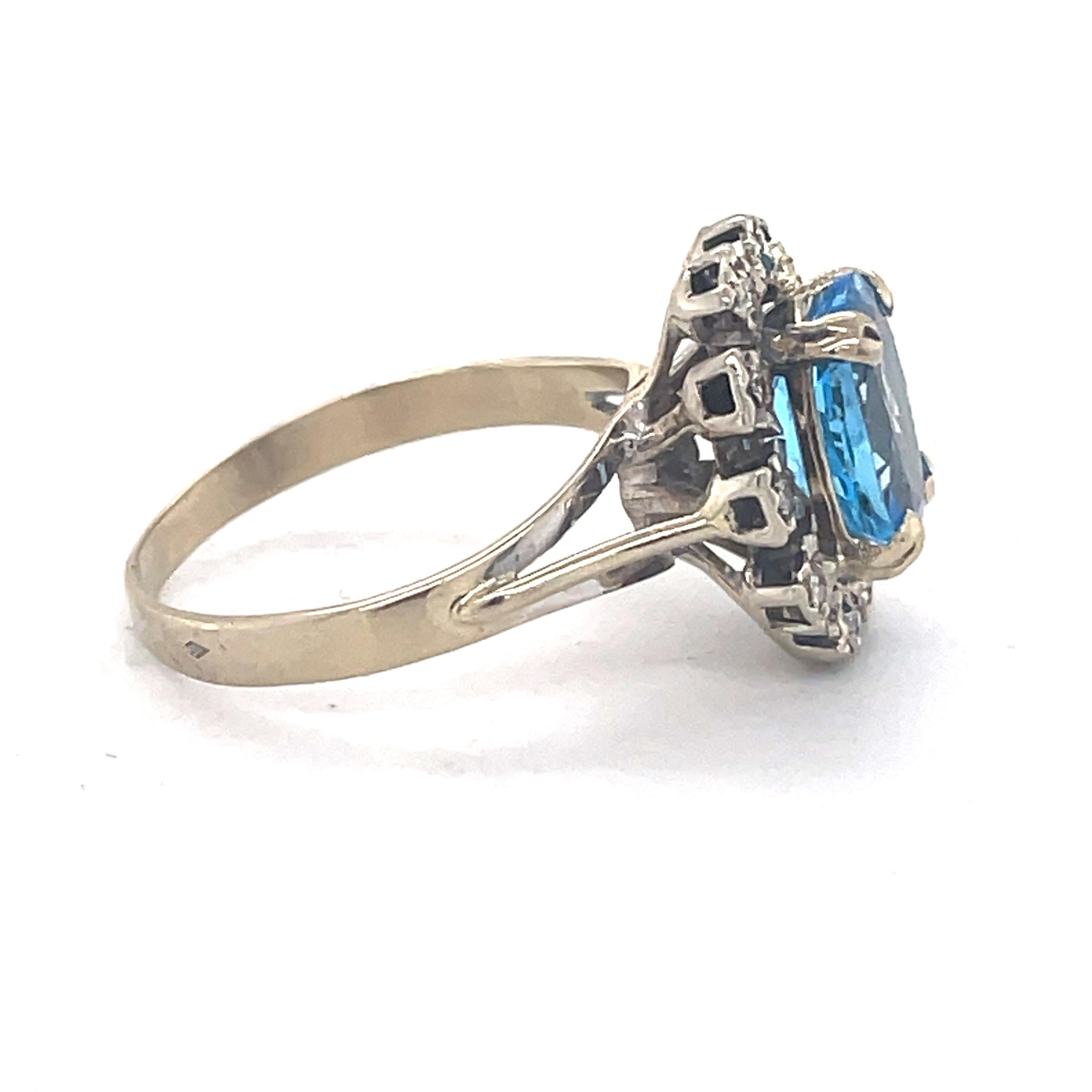 Vintage Blue topaz ring - 2ct Blue Topaz Ring, 18K white gold, diamond Halo ring For Sale 1