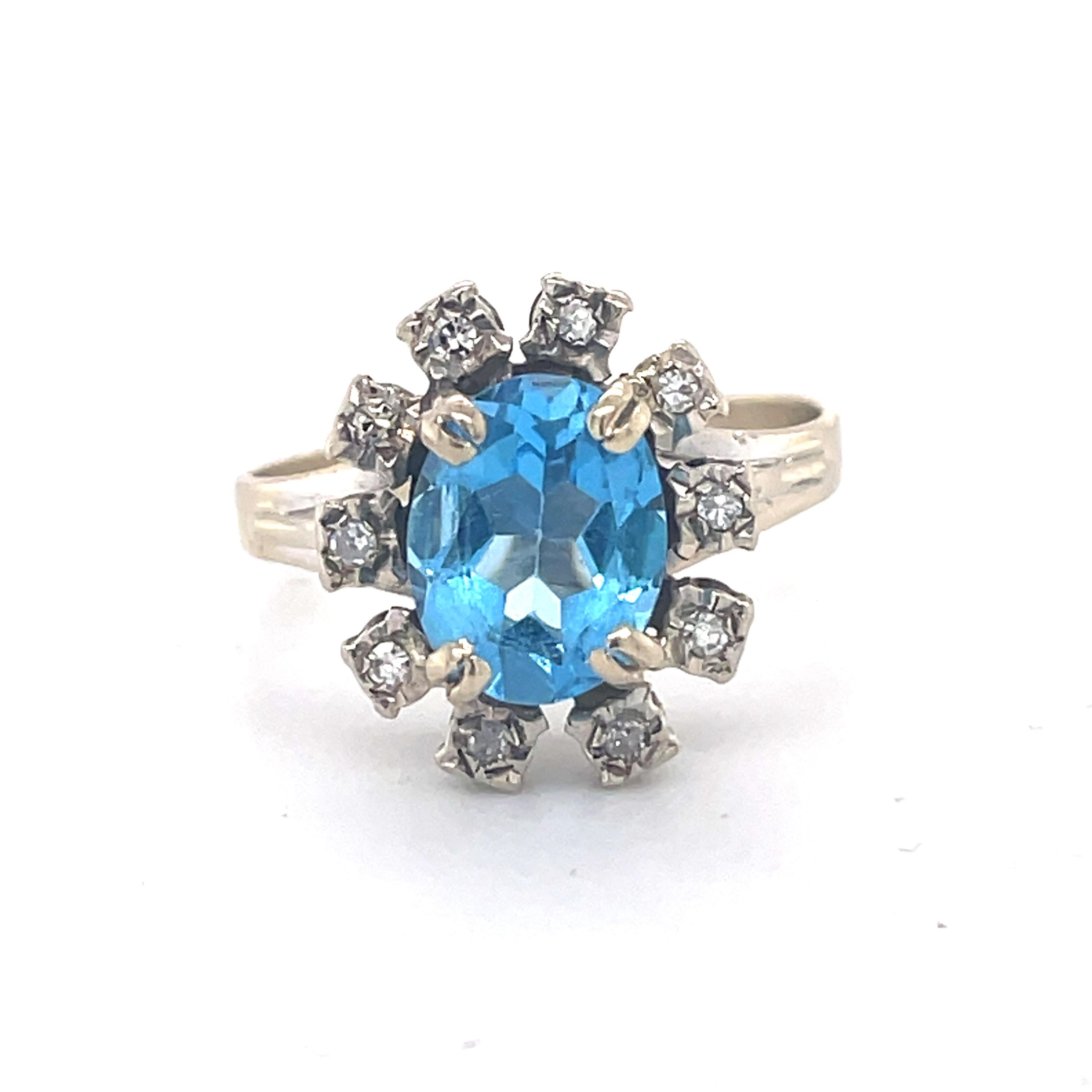 Vintage Blue topaz ring - 2ct Blue Topaz Ring, 18K white gold, diamond Halo ring For Sale 3