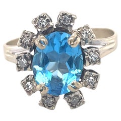 Vintage Blue topaz ring - 2ct Blue Topaz Ring, 18K white gold, diamond Halo ring