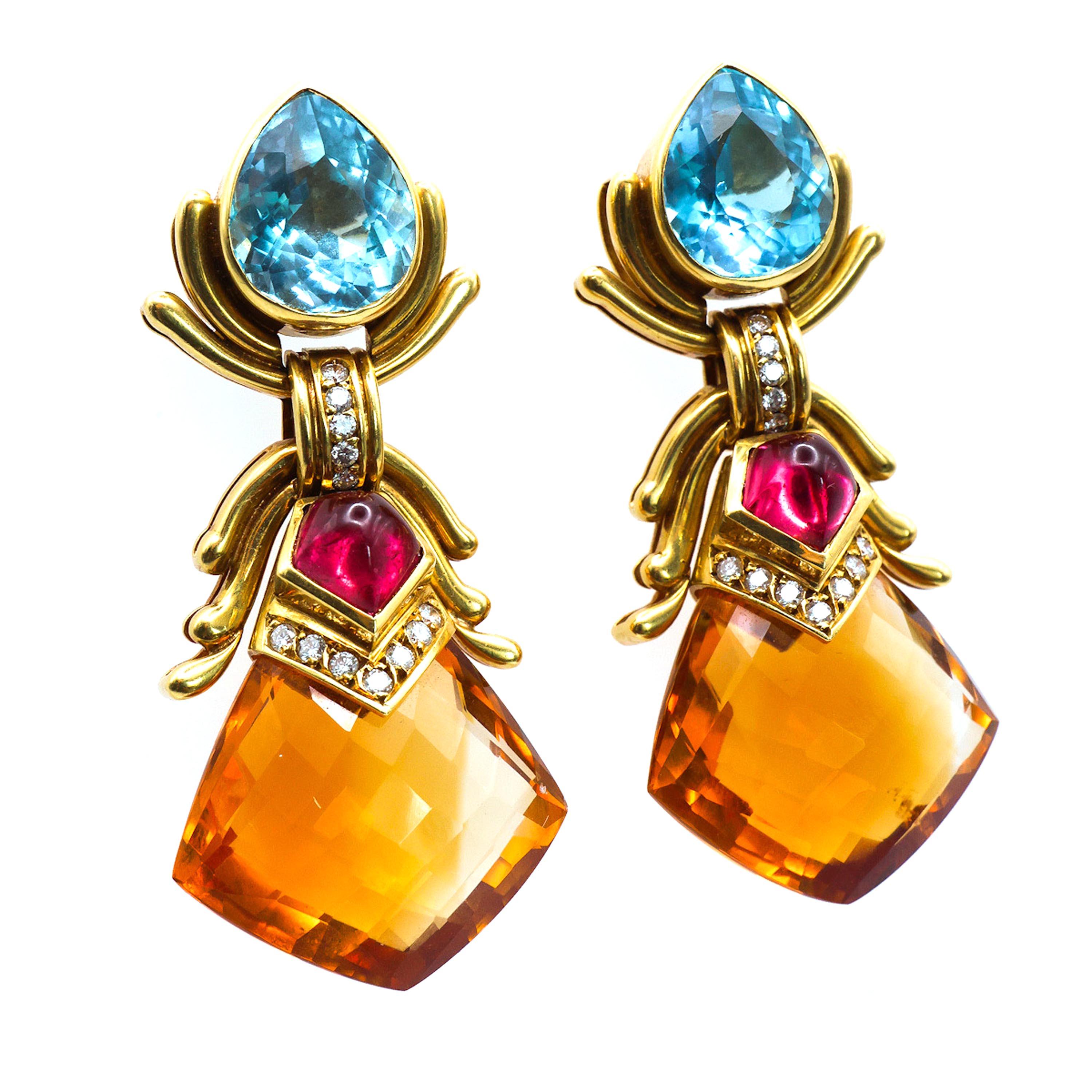 Retro Vintage Blue Topaz Tourmaline Citrine Diamond and Gold Drop Earrings, Circa 1990 For Sale
