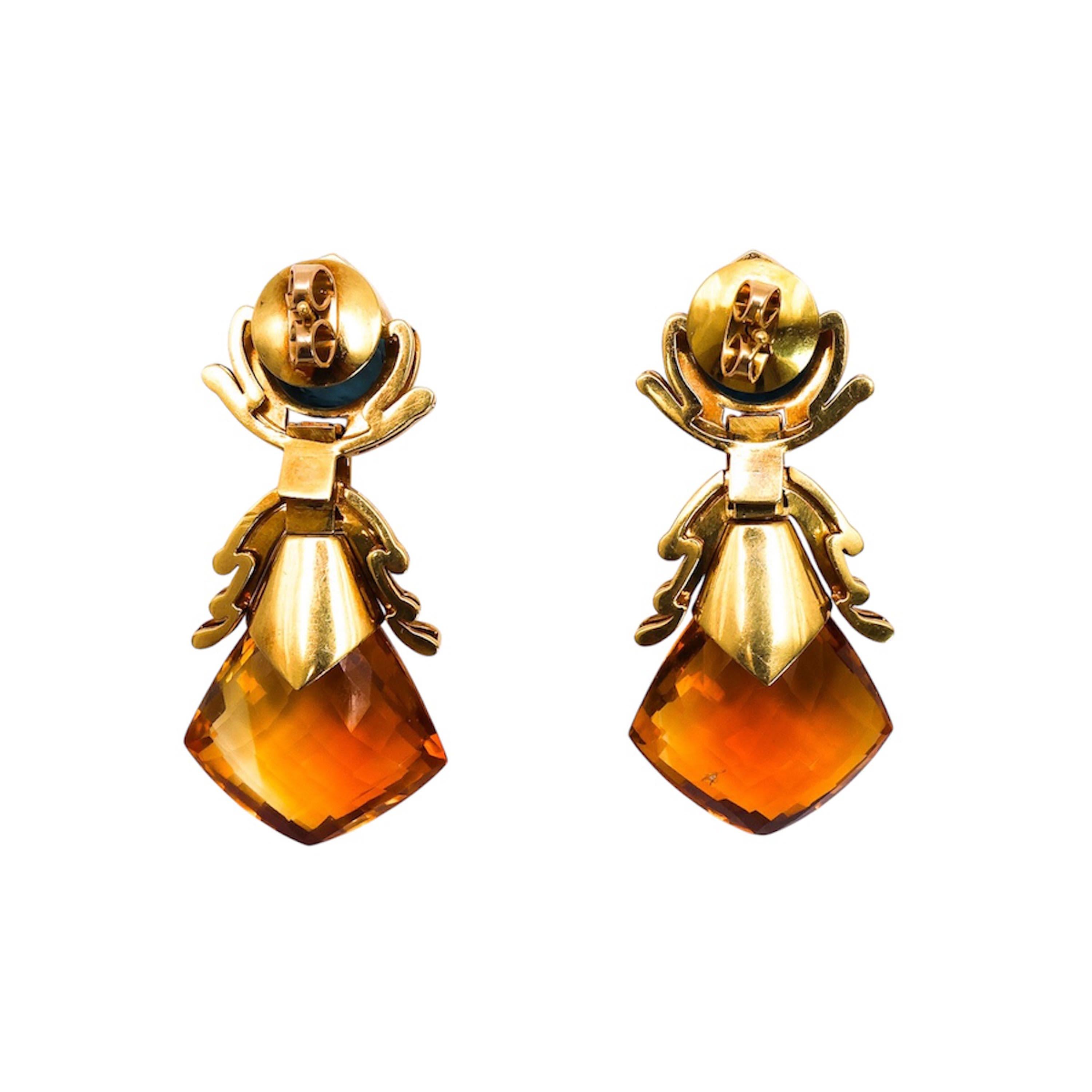 Vintage Blue Topaz Tourmaline Citrine Diamond and Gold Drop Earrings, Circa 1990 In Good Condition For Sale In London, GB