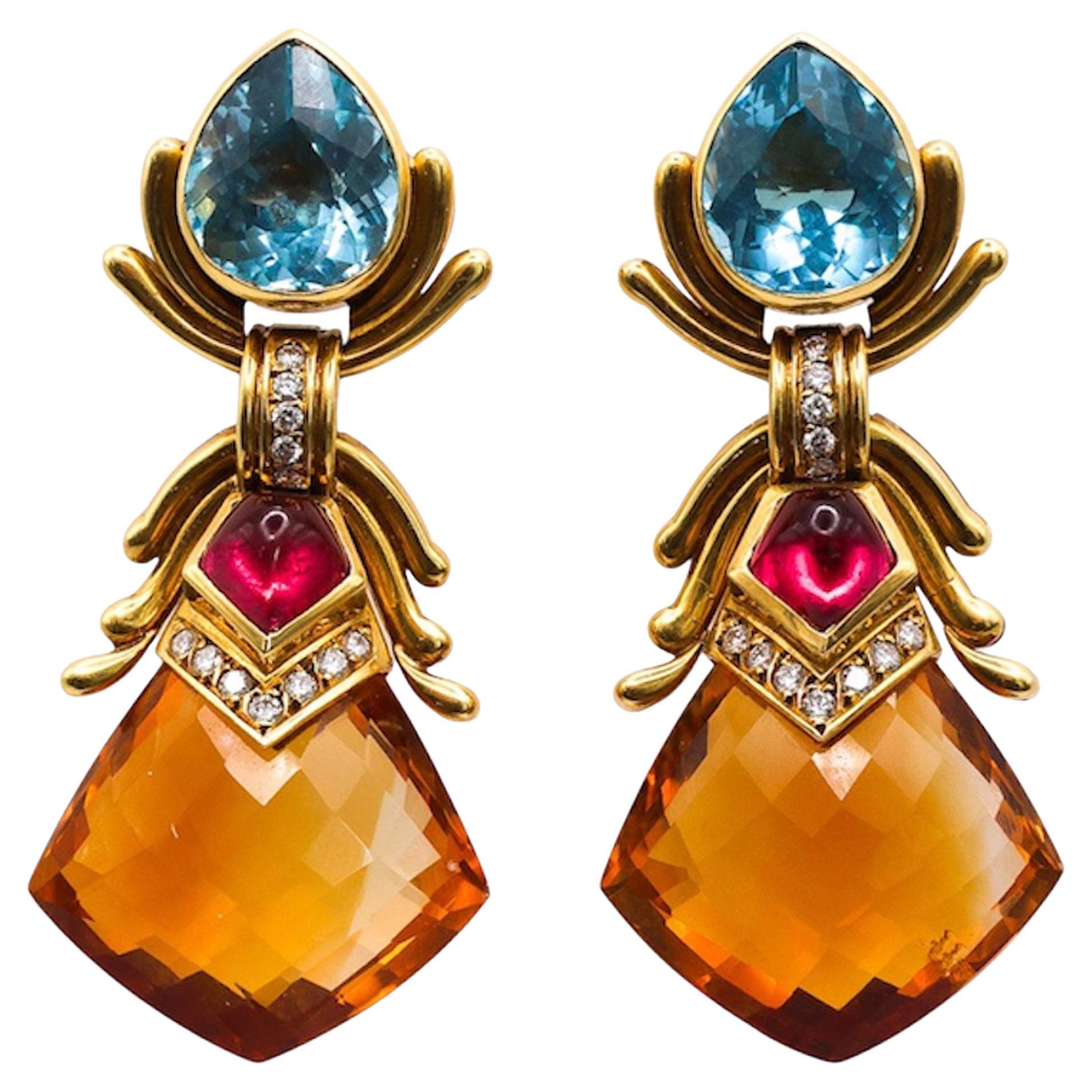 Vintage Blue Topaz Tourmaline Citrine Diamond and Gold Drop Earrings, Circa 1990 For Sale
