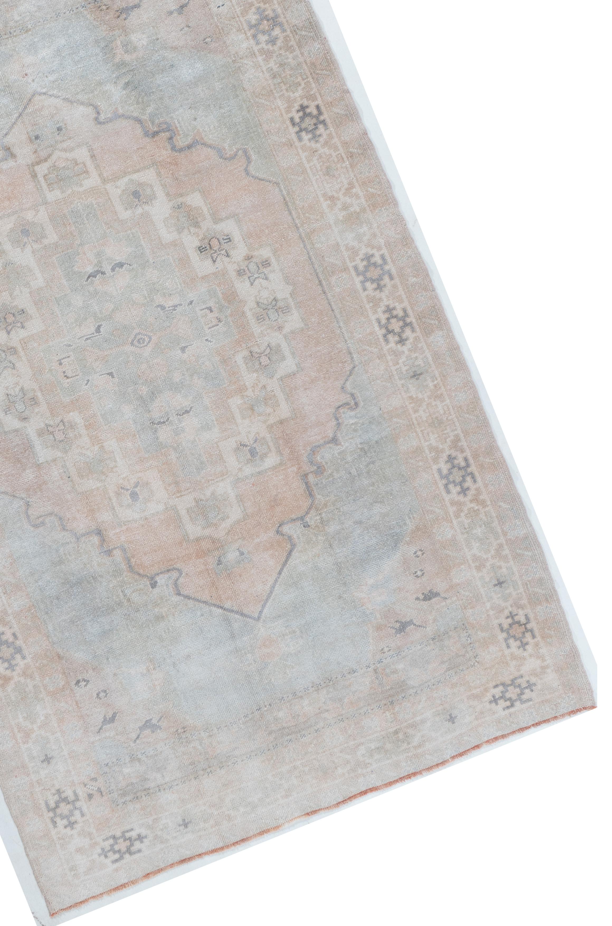 Lana Tappeto Oushak turco blu vintage 4'4 X 7' in vendita