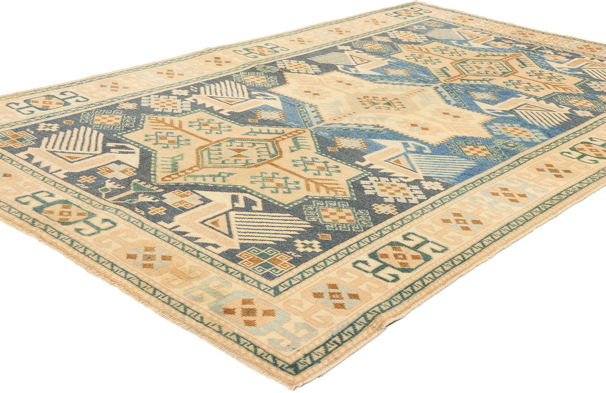 53702 Vintage Blue Turkish Oushak Rug, 04'04 x 07'03. Originating in Turkey's Oushak region, muted antique-washed Turkish Oushak rugs are renowned for their exquisite handwoven craftsmanship, boasting soft colors and subtle patterns that seamlessly