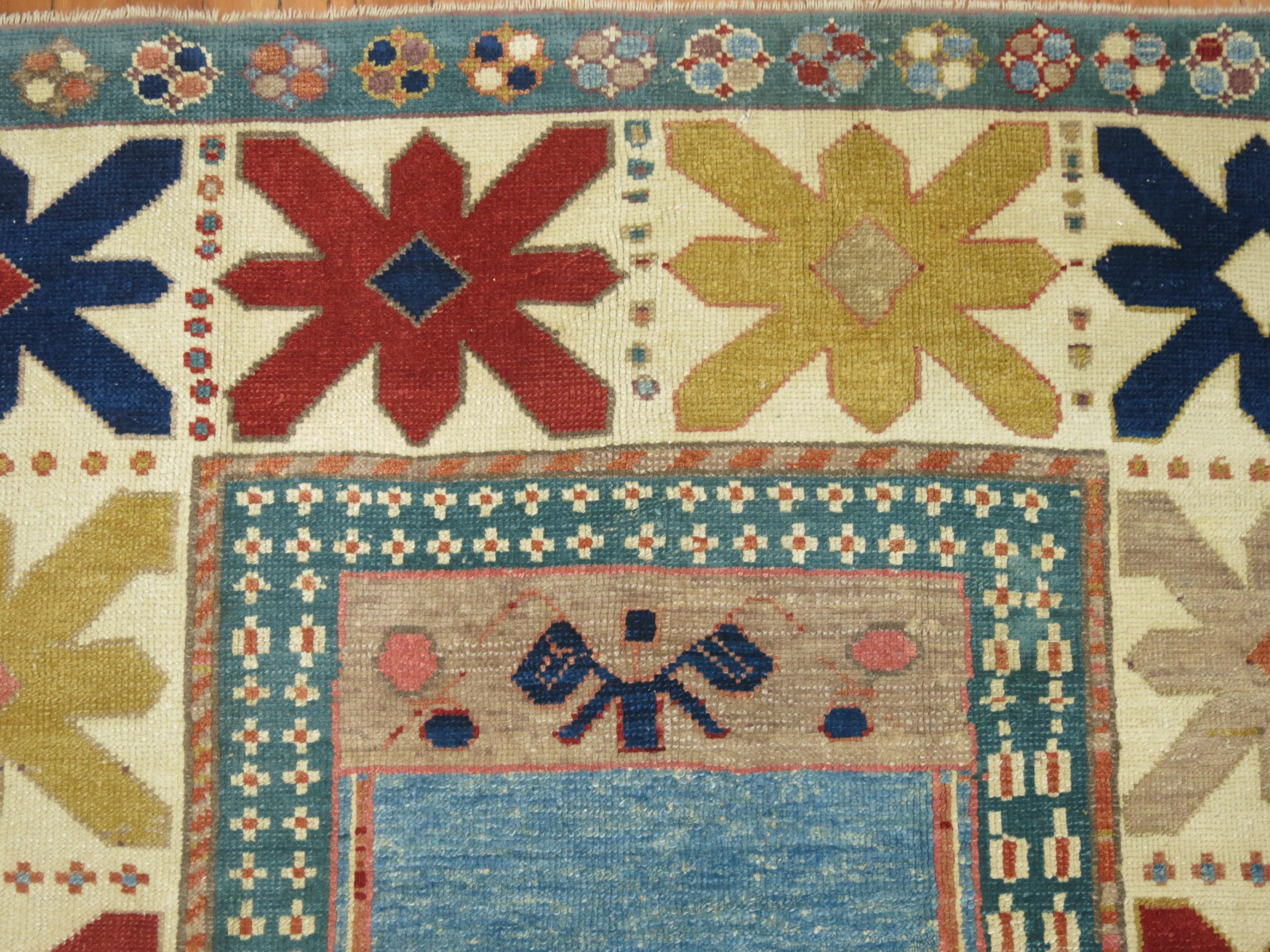 Hand-Knotted Vintage Blue Turkish Prayer Rug For Sale