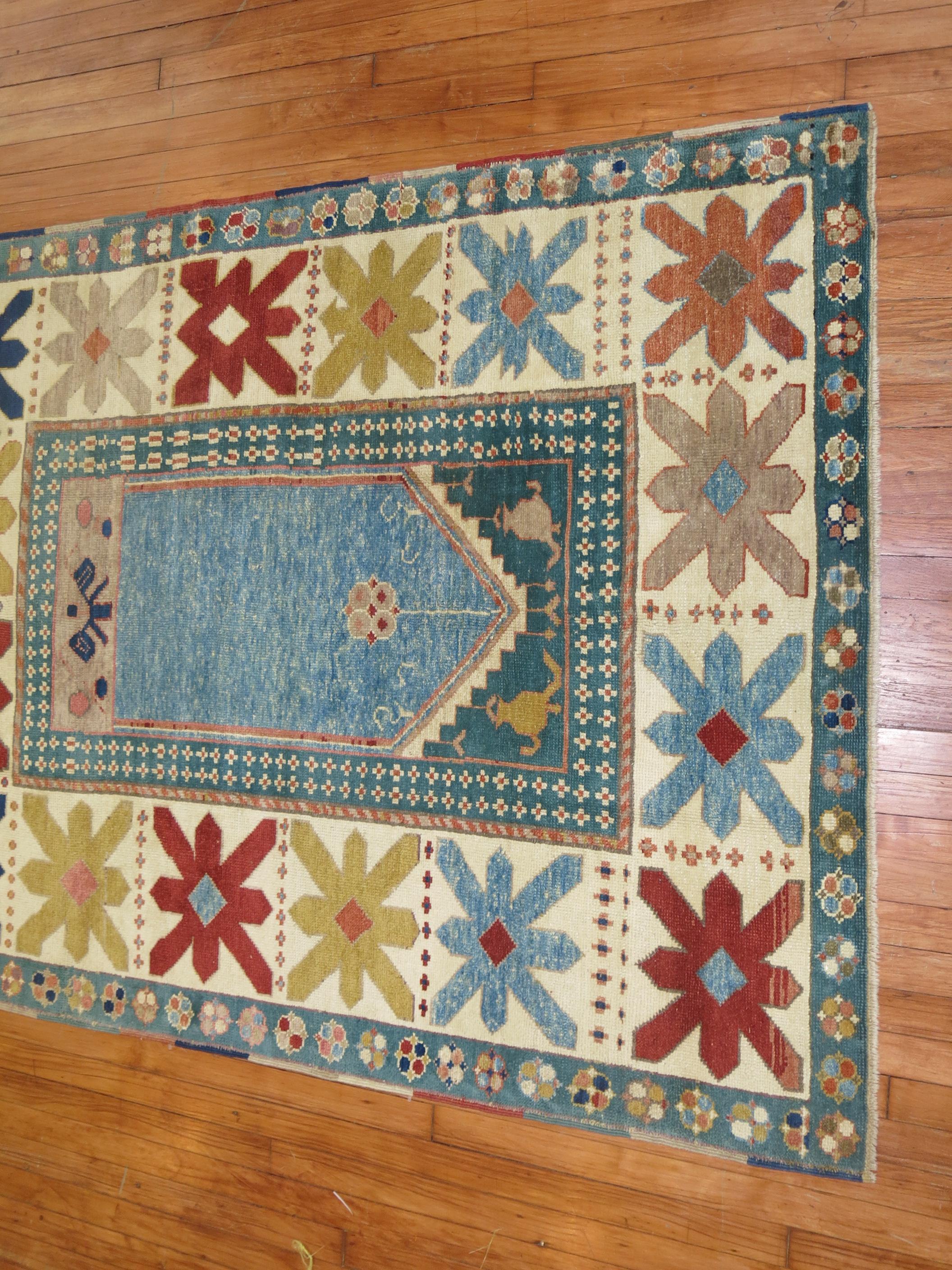 Wool Vintage Blue Turkish Prayer Rug For Sale