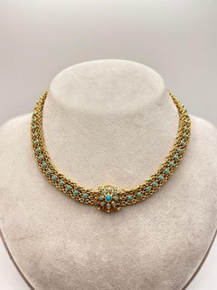 Vintage Blue Turquoise Necklace Portugal Midcentury, 19 Karat Yellow Gold