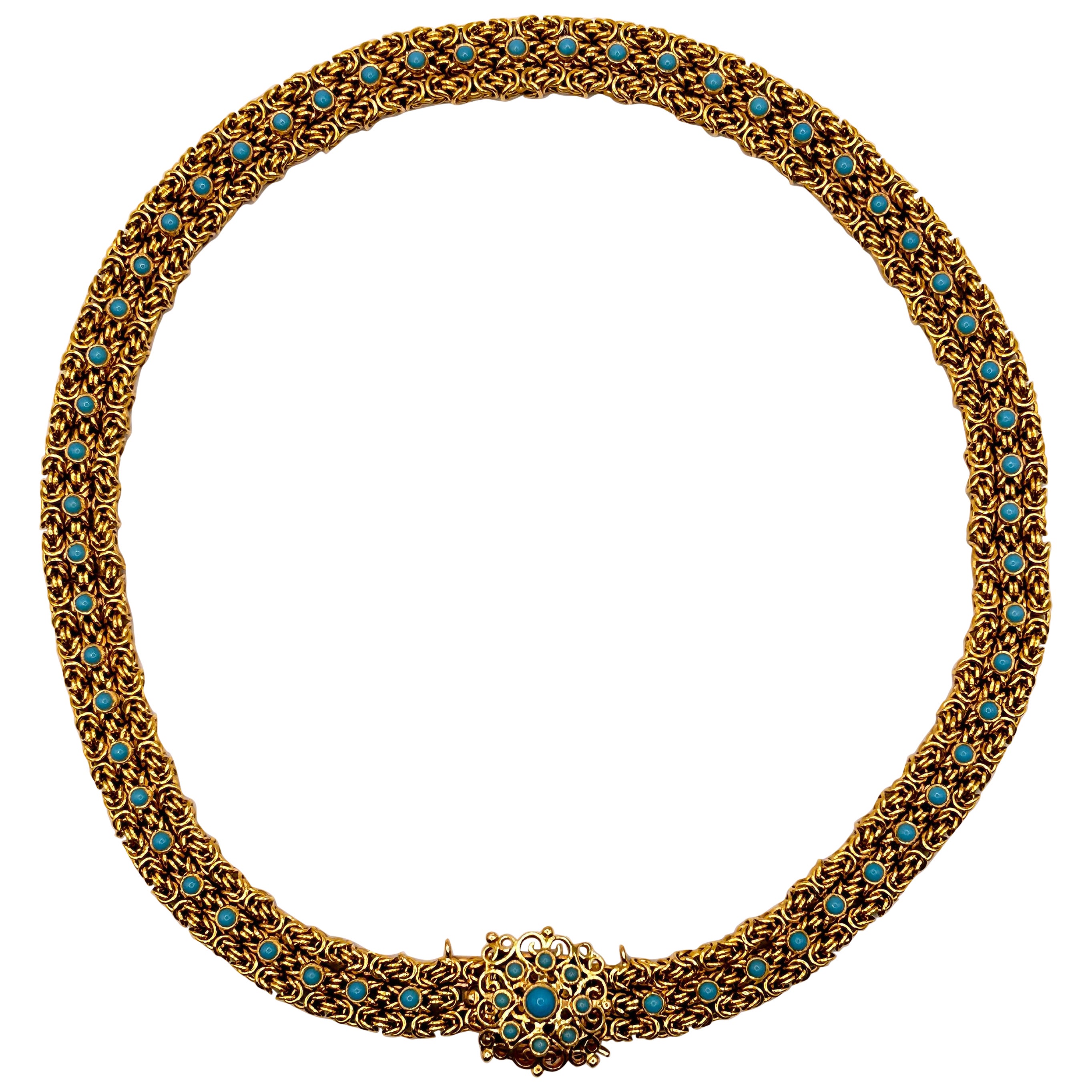 Blaue Türkis-Halskette Portugal Mid-Century, 19 Karat Gelbgold