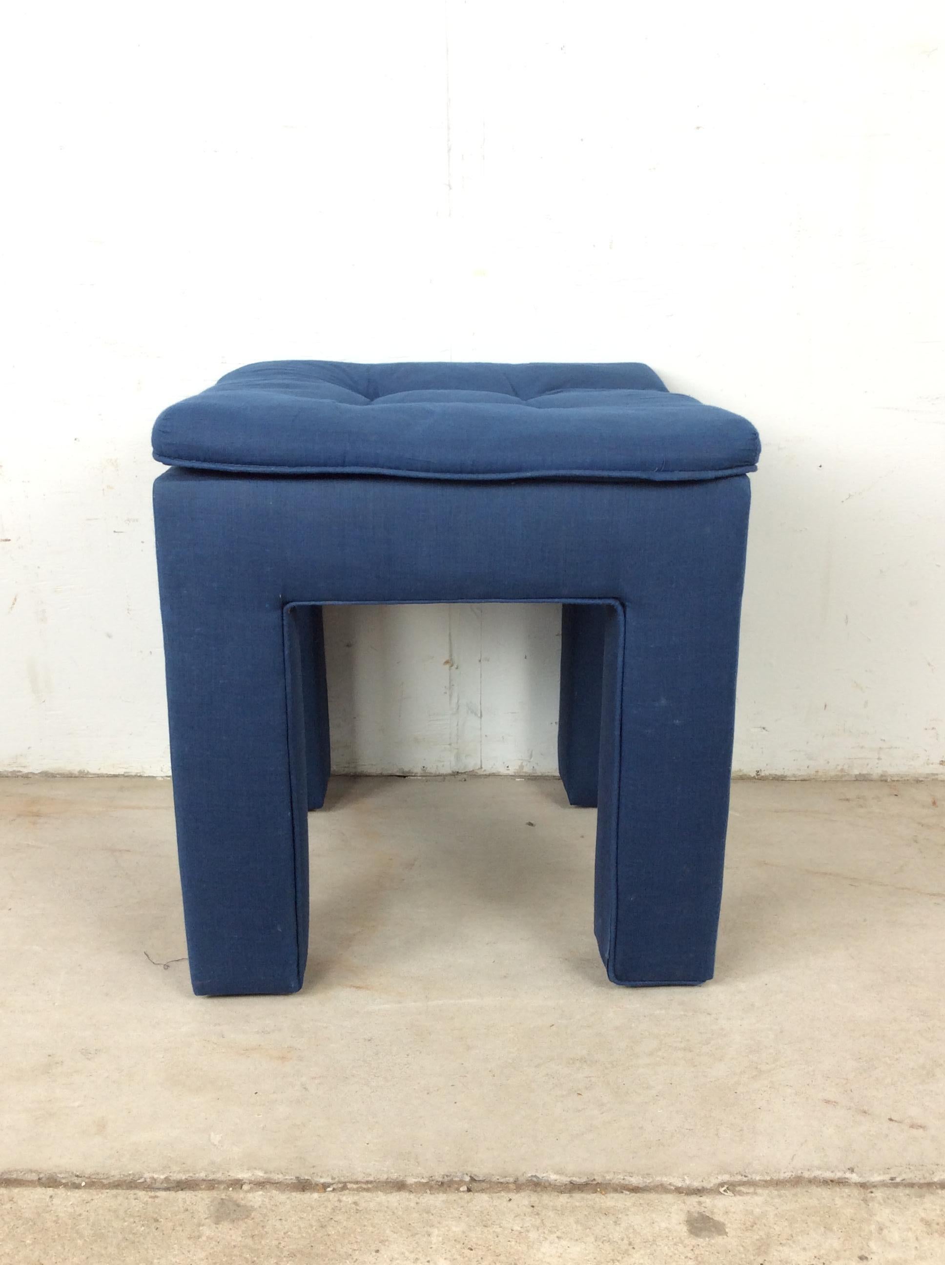 Vintage Blue Upholstered Parsons Style Stool with Tufted Seat en vente 4