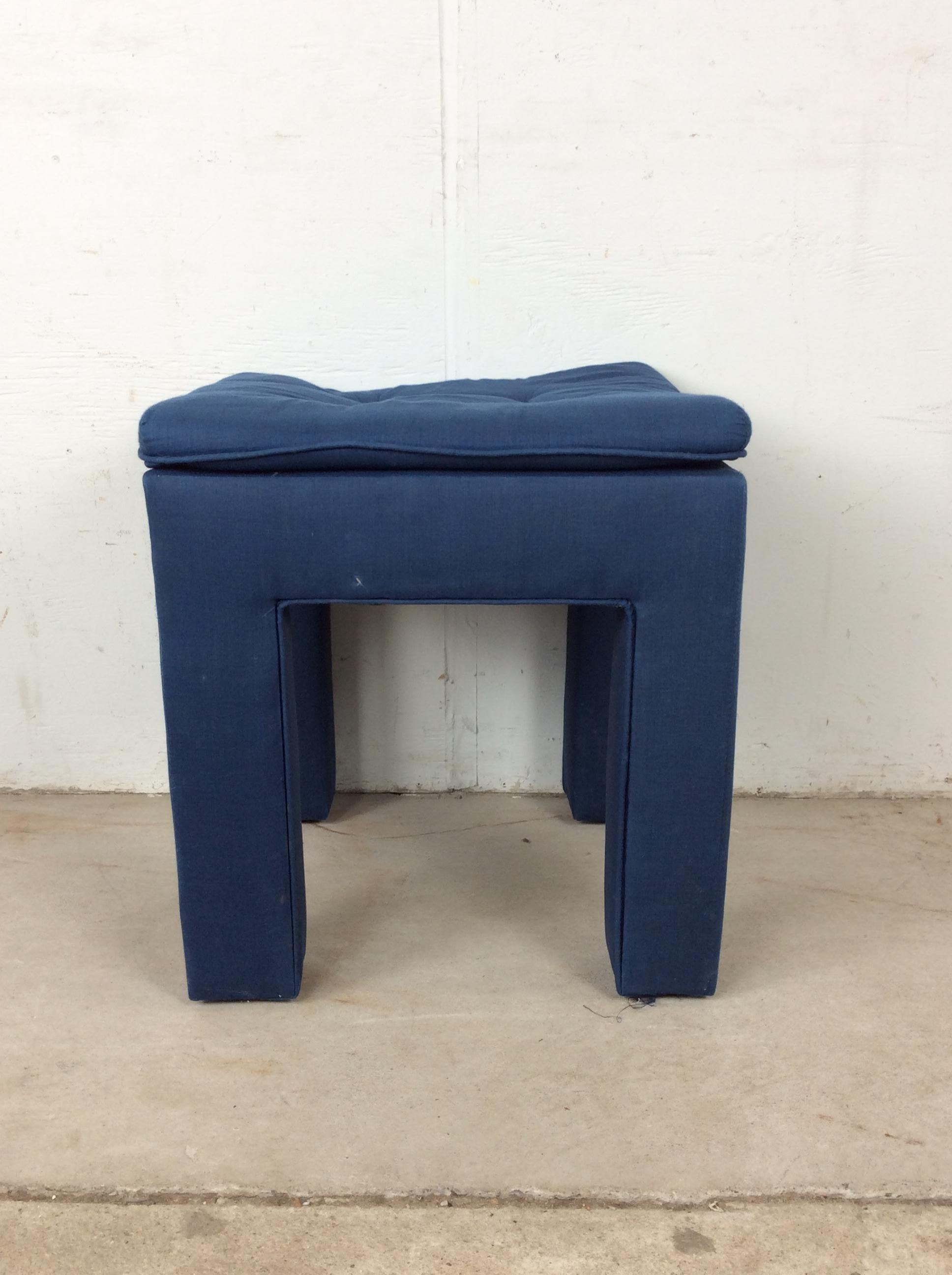 Vintage Blue Upholstered Parsons Style Stool with Tufted Seat en vente 6
