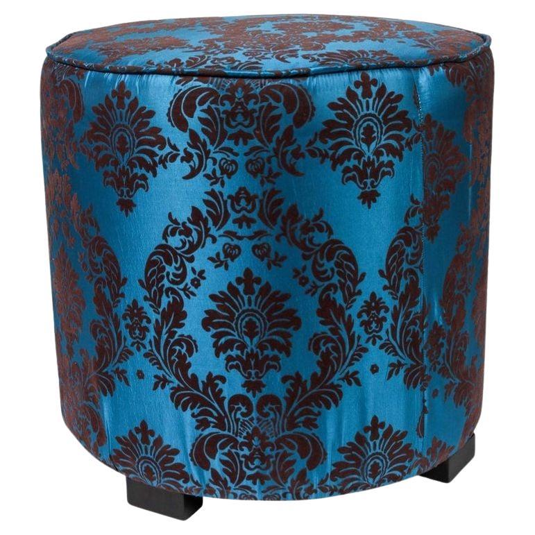 Pouf marocain rond tapissé bleu vintage