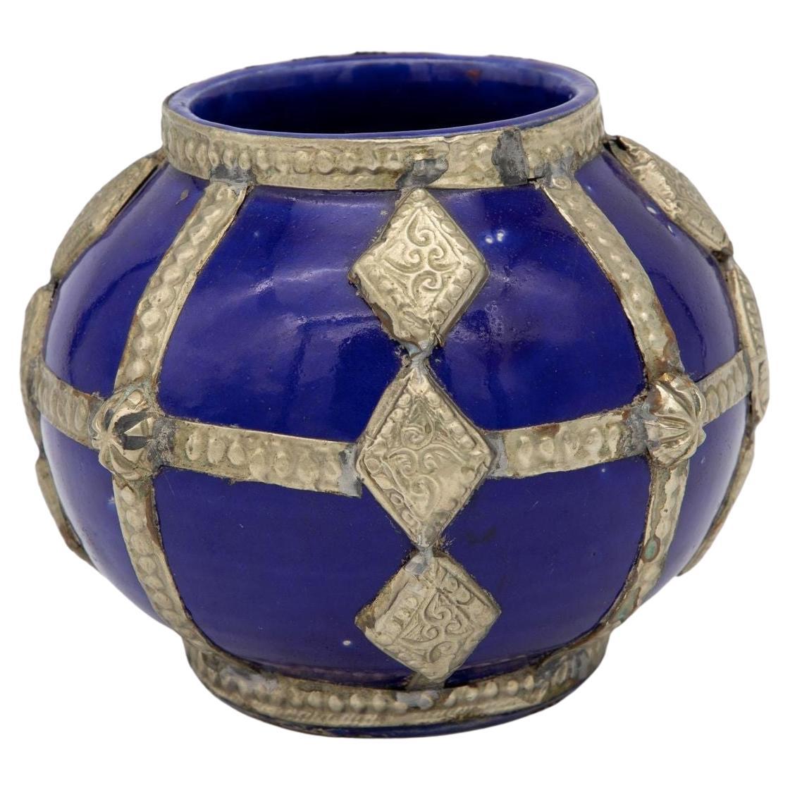 Vintage Blue Vase with Metal Overlay For Sale