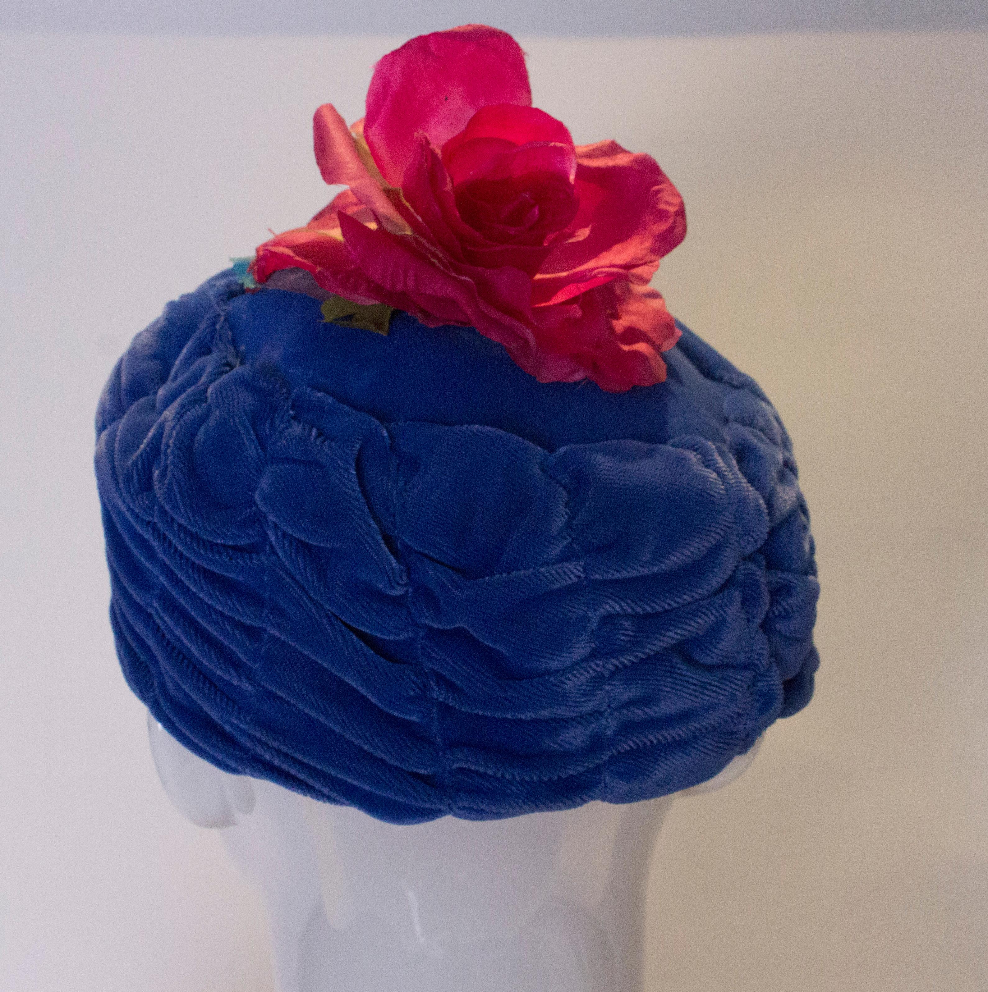 Gray Vintage Blue Velvet Hat with Pink Flowers For Sale