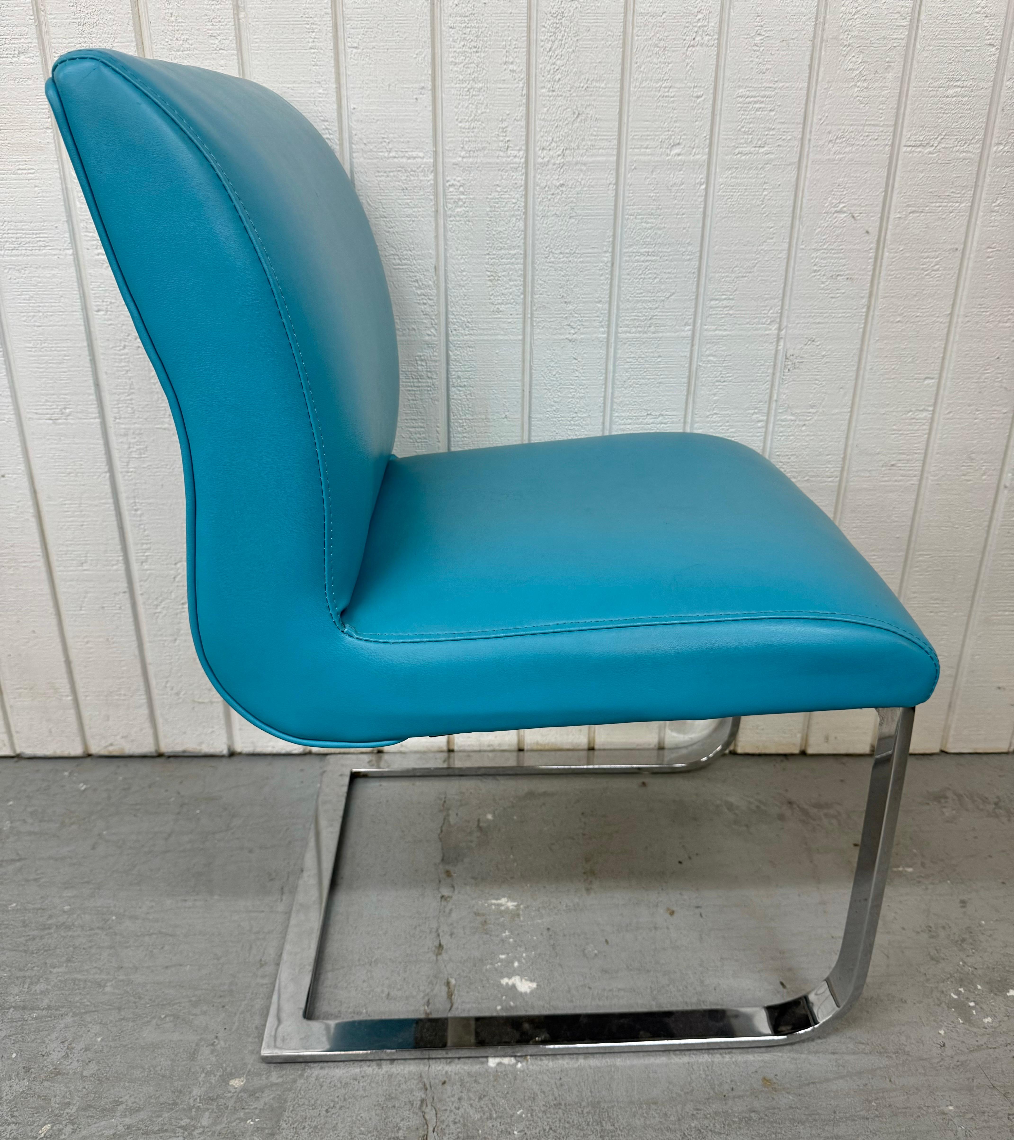 Vintage Blue Vinyl Flat Bar Chrome Dining Chairs - Set of 6 For Sale 3