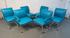 Vintage Blue Vinyl Flat Bar Chrome Dining Chairs - Set of 6
