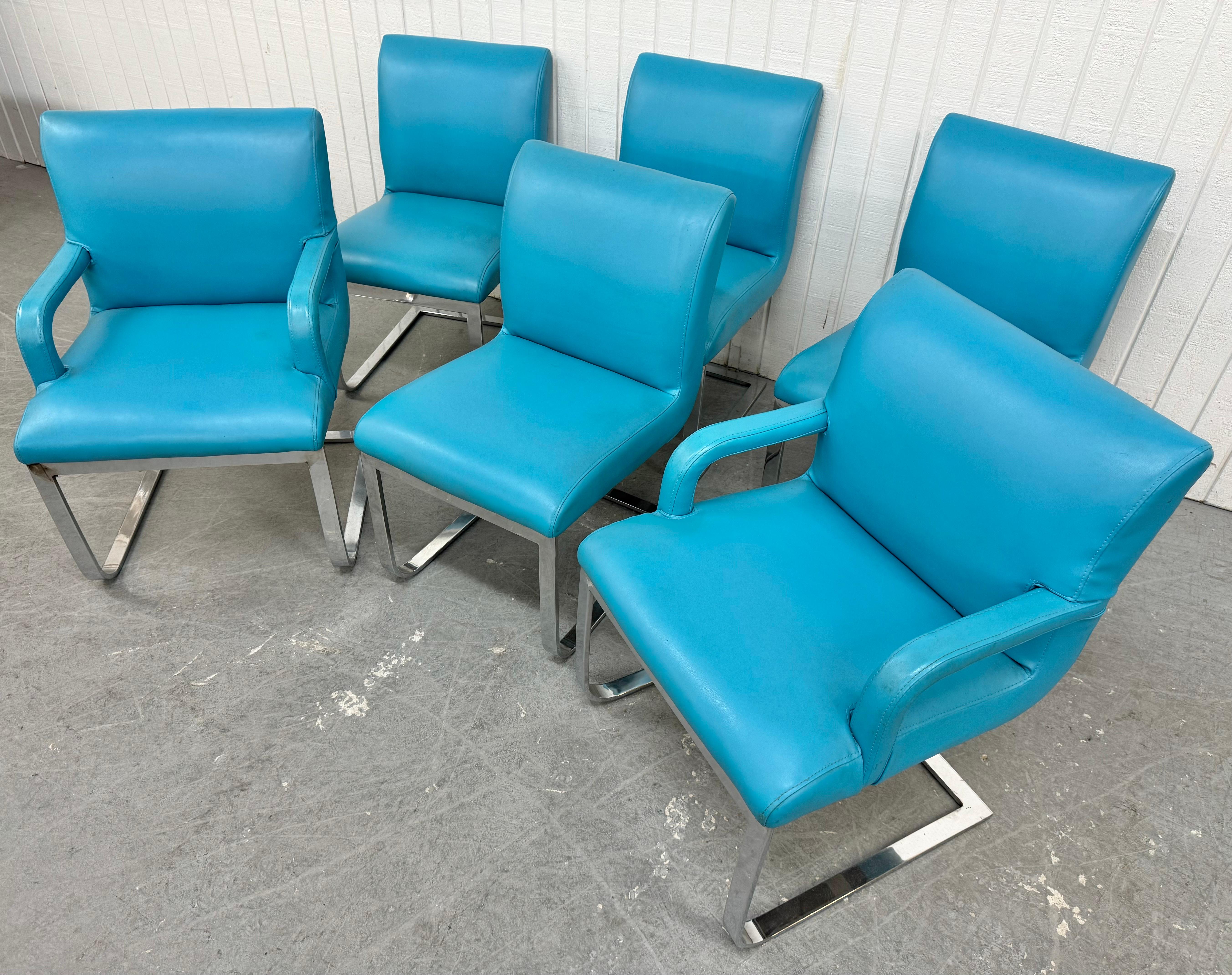 Mid-Century Modern Vintage Blue Vinyl Flat Bar Chrome Dining Chairs - Set of 6 For Sale