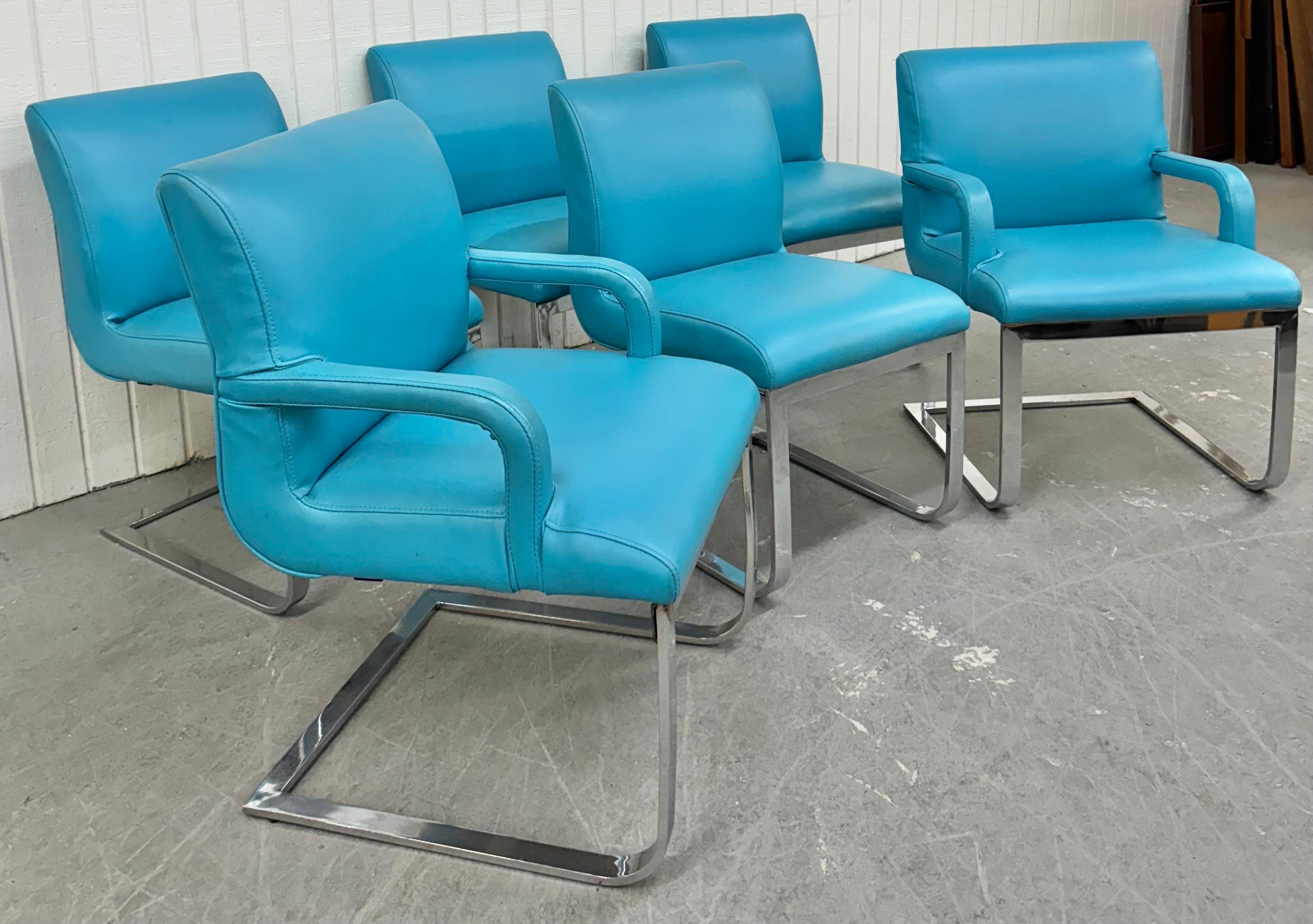 American Vintage Blue Vinyl Flat Bar Chrome Dining Chairs - Set of 6 For Sale