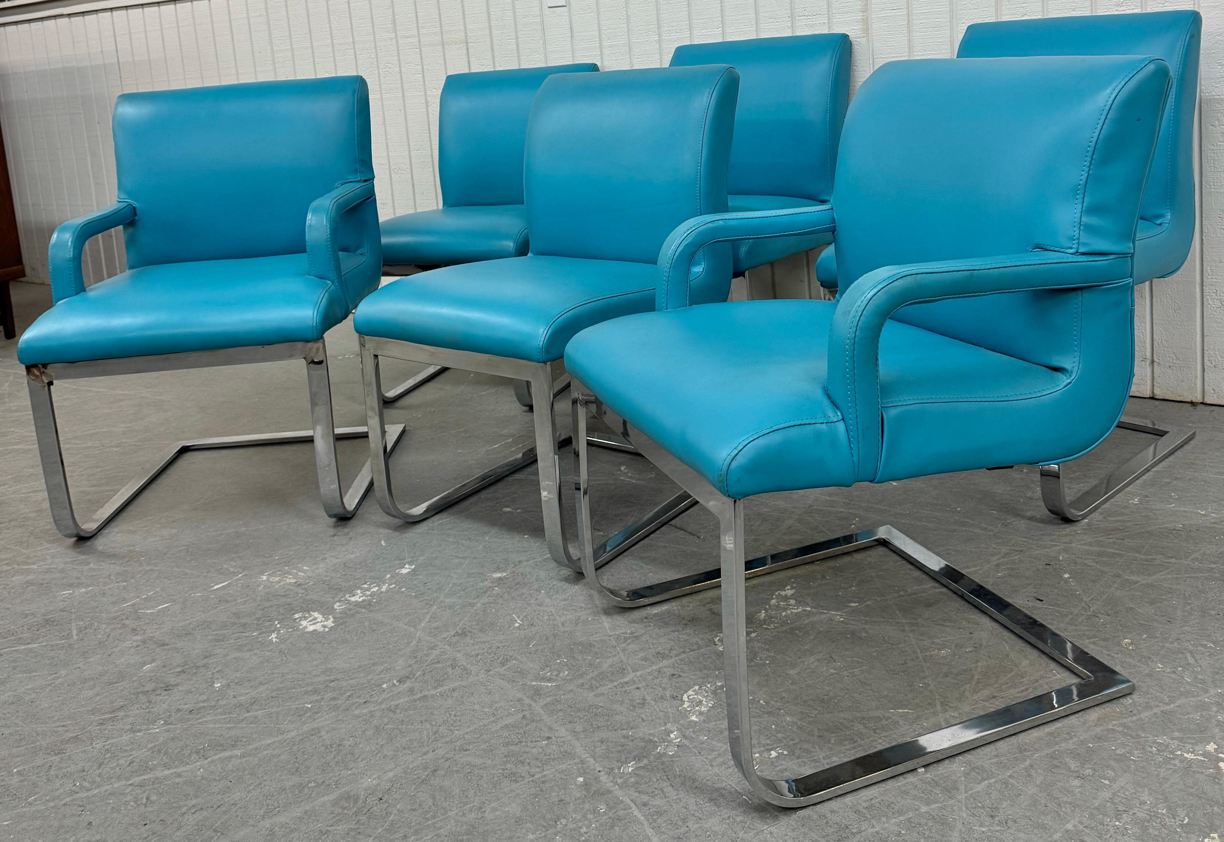 Vintage Blue Vinyl Flat Bar Chrome Dining Chairs - Set of 6 In Good Condition For Sale In Clarksboro, NJ