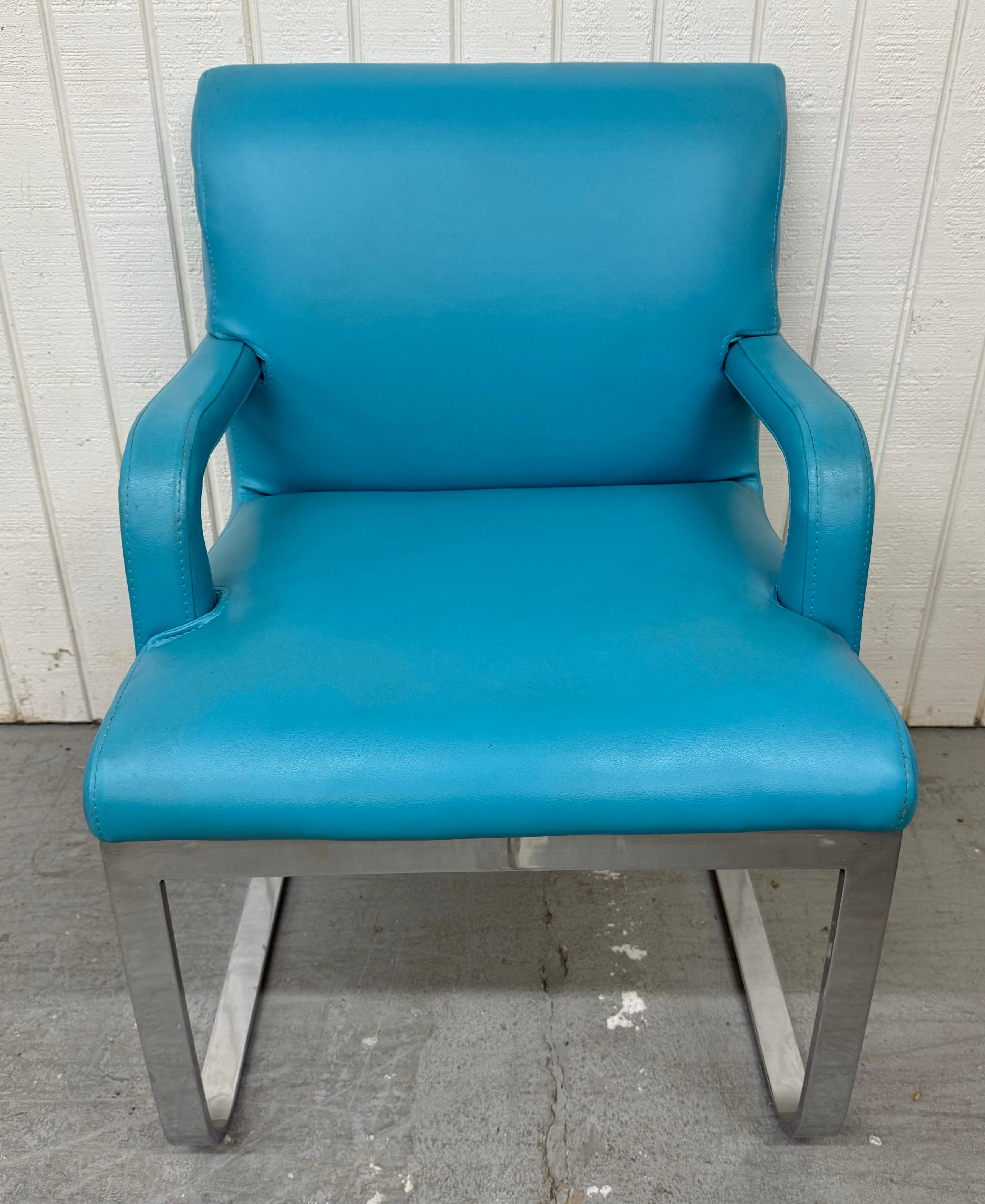 20th Century Vintage Blue Vinyl Flat Bar Chrome Dining Chairs - Set of 6 For Sale