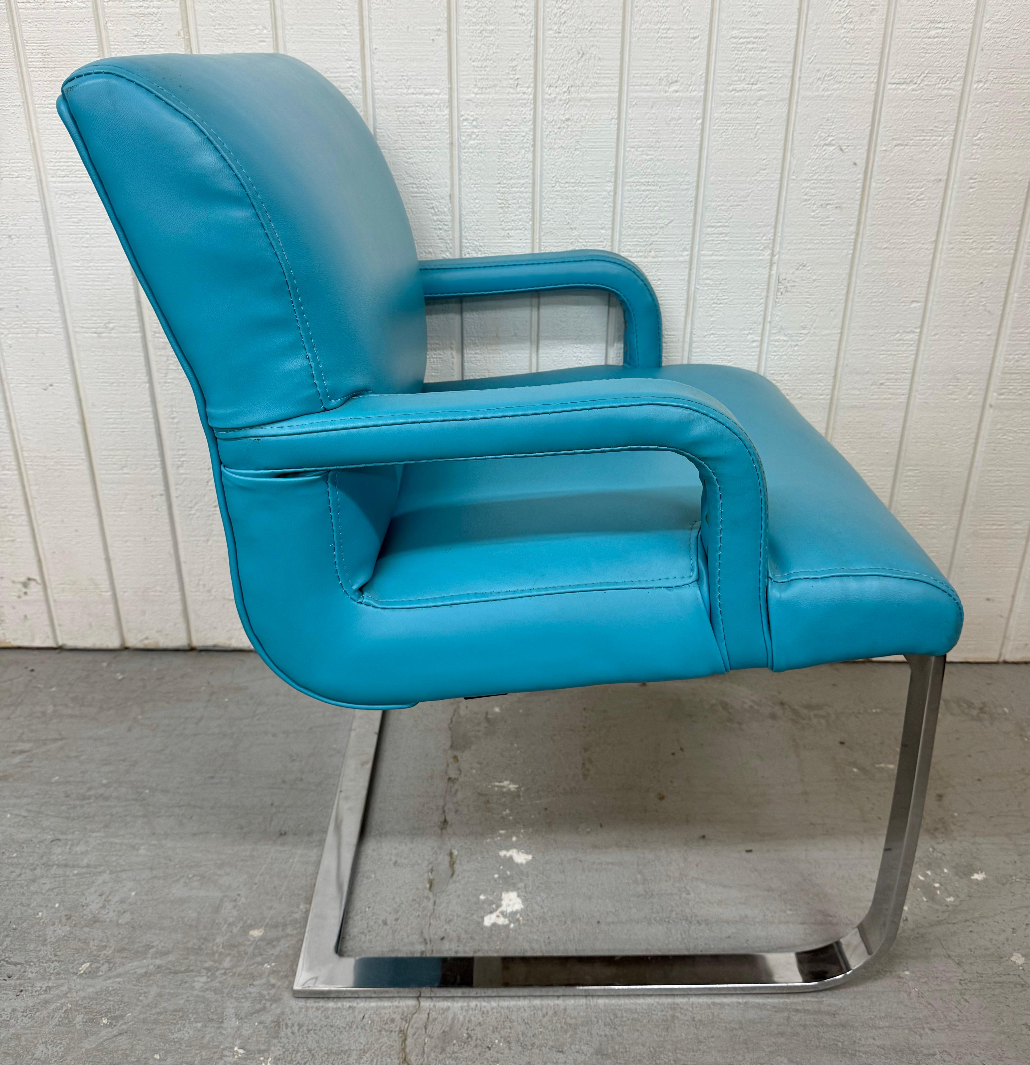 Faux Leather Vintage Blue Vinyl Flat Bar Chrome Dining Chairs - Set of 6 For Sale