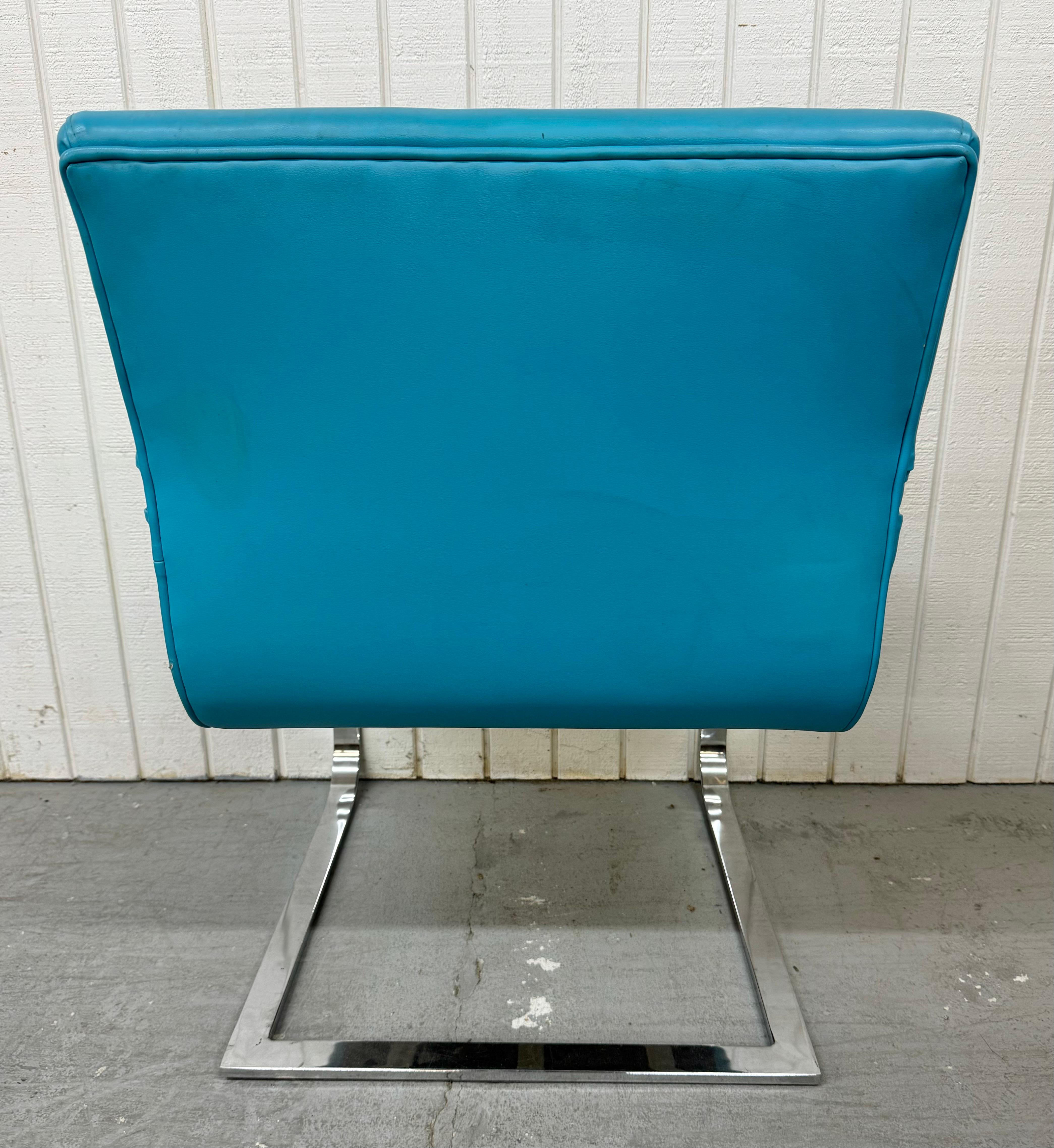 Vintage Blue Vinyl Flat Bar Chrome Dining Chairs - Set of 6 For Sale 1