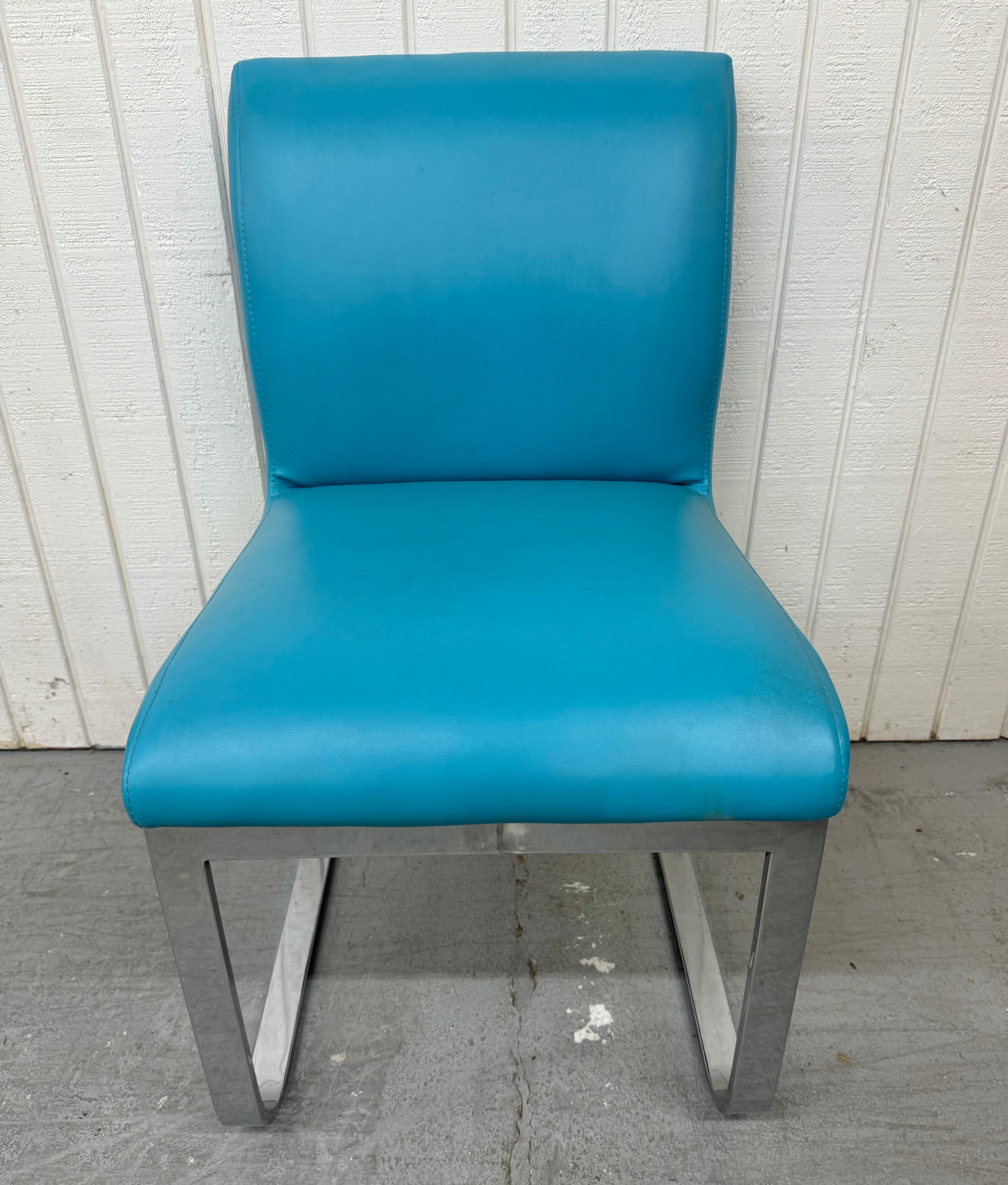 Vintage Blue Vinyl Flat Bar Chrome Dining Chairs - Set of 6 For Sale 2