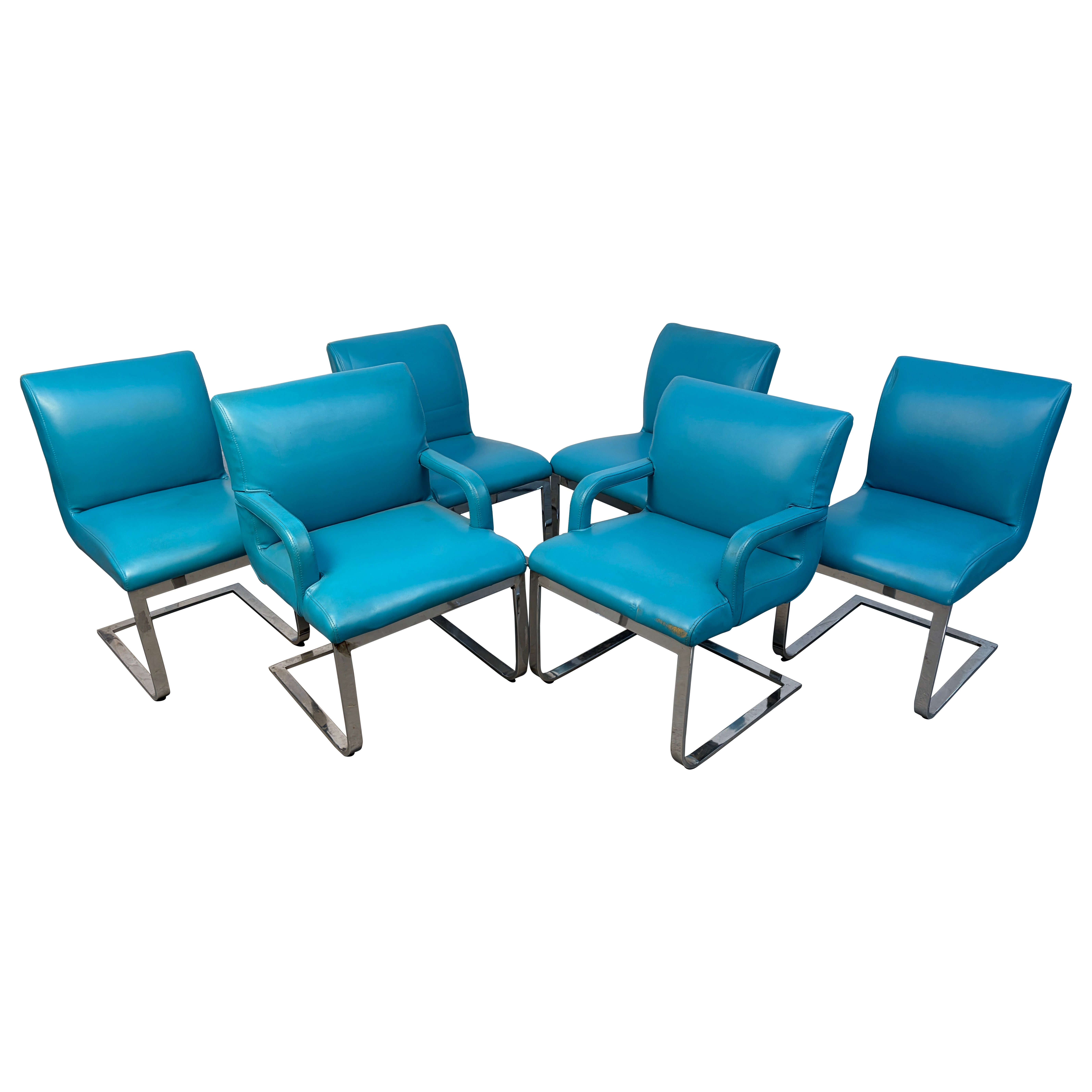 Vintage Blue Vinyl Flat Bar Chrome Dining Chairs - Set of 6 For Sale