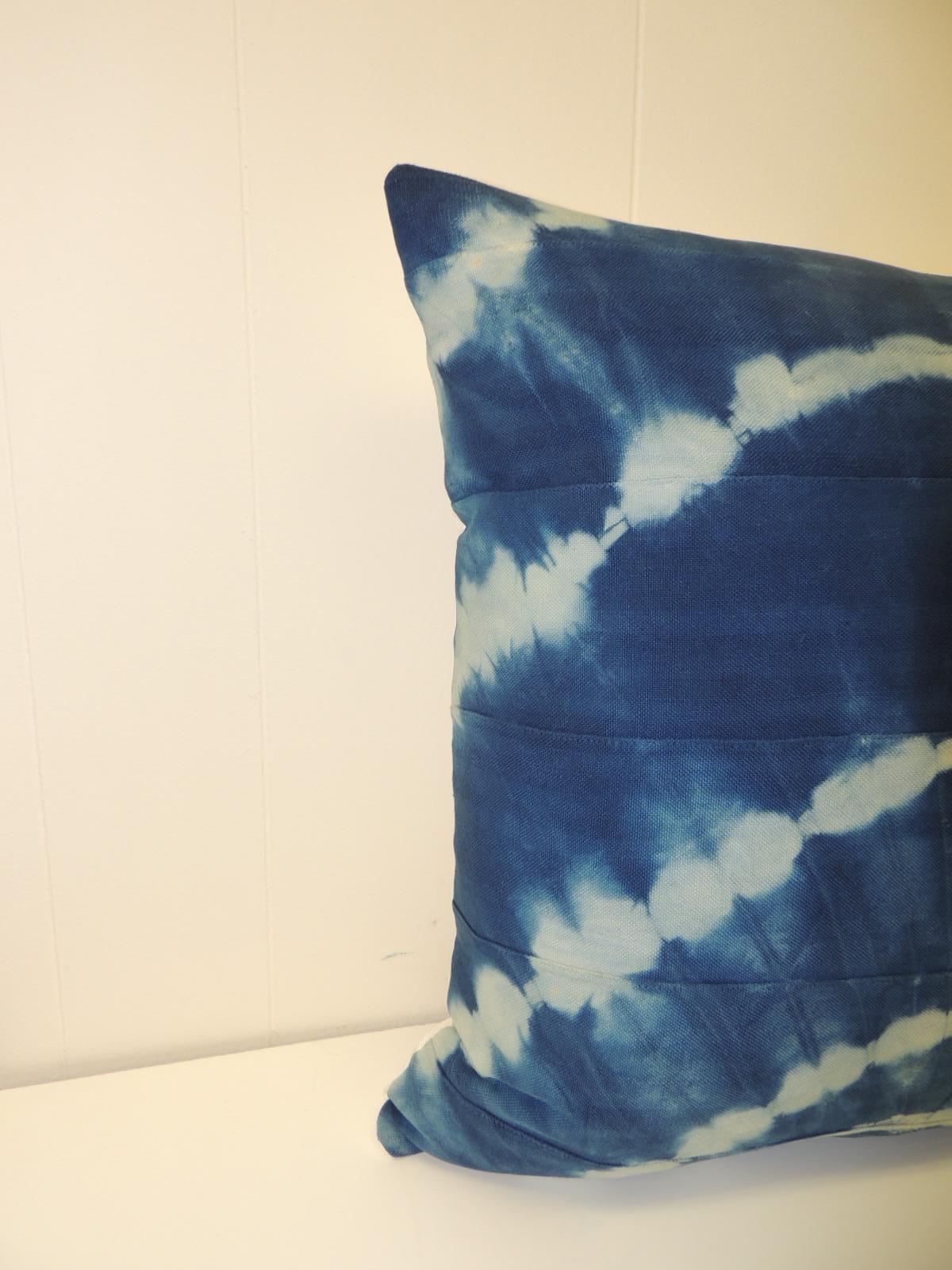 Vintage Indigo and White African Resist-dye Textile Decorative Pillow
Sunburst pattern square pillow with textured white silk backing.
Decorative pillow hand-made and designed in the USA. 
Closure by stitch (no zipper) with custom made feather/down