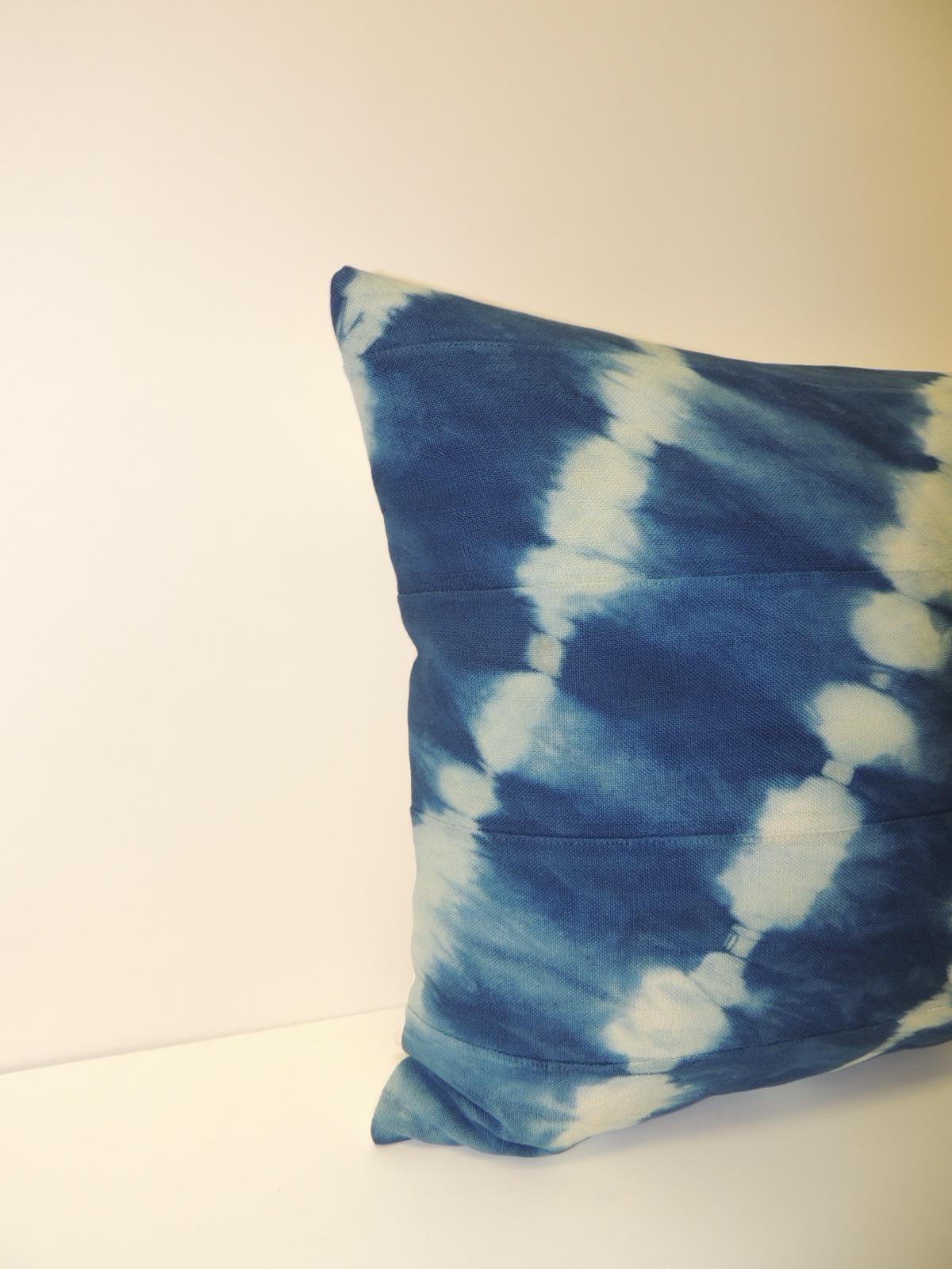 Vintage Indigo and White African Resist-dye Textile Decorative Pillow
Sunburst pattern square pillow with textured white silk backing.
Decorative pillow handmade and designed in the USA.
 Closure by stitch (no zipper) with custom made feather/down