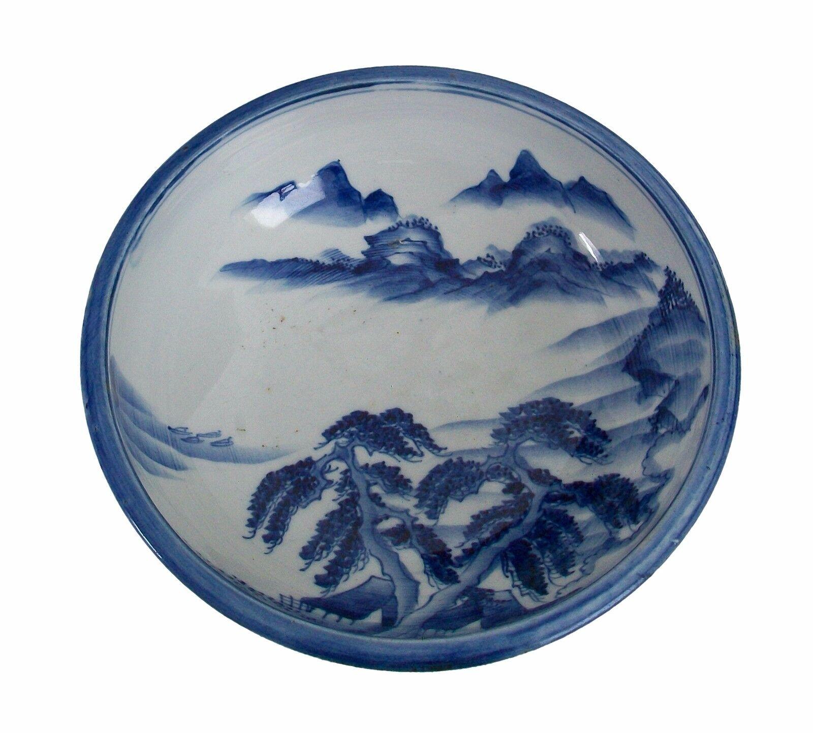 Glazed Vintage Blue & White Bowl, Hand Painted, Signed, Japan, Mid 20th Century For Sale
