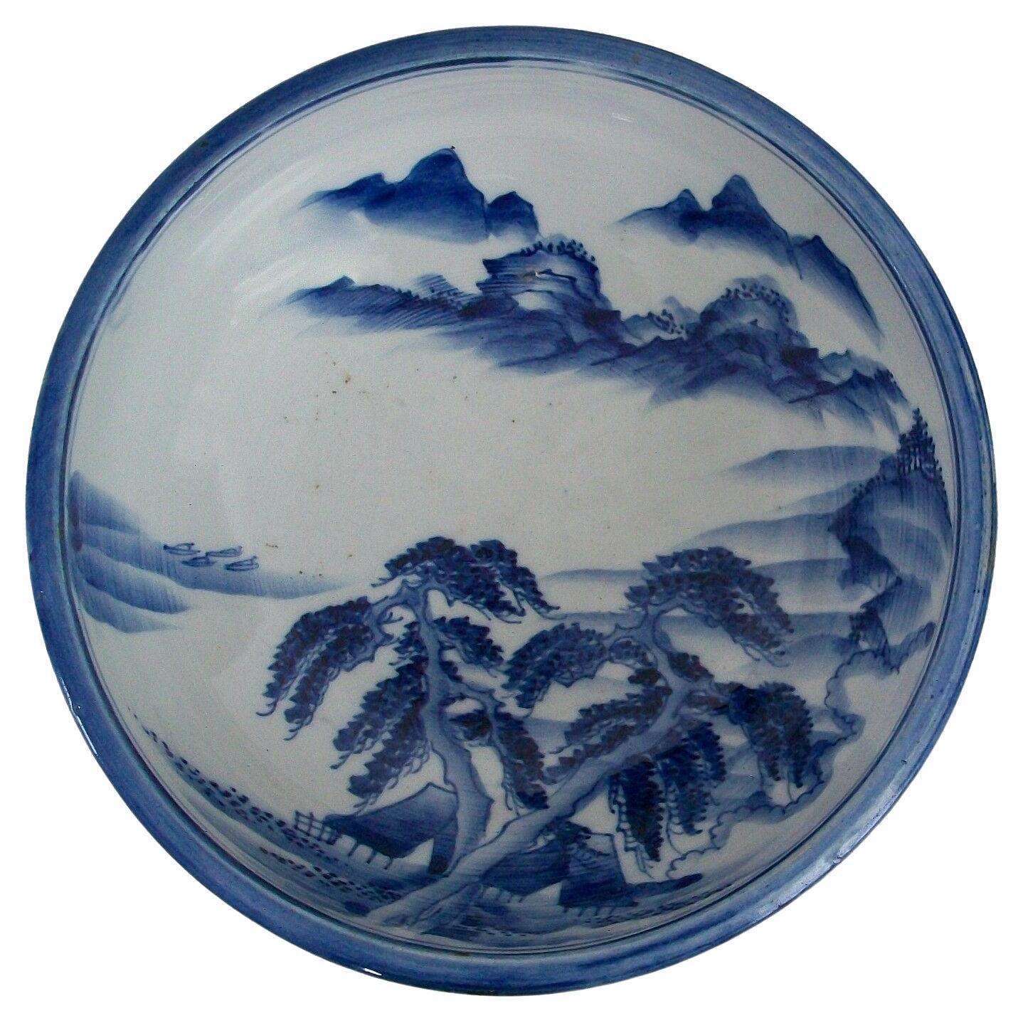 Vintage Blue & White Bowl, Hand Painted, Signed, Japan, Mid 20th Century For Sale