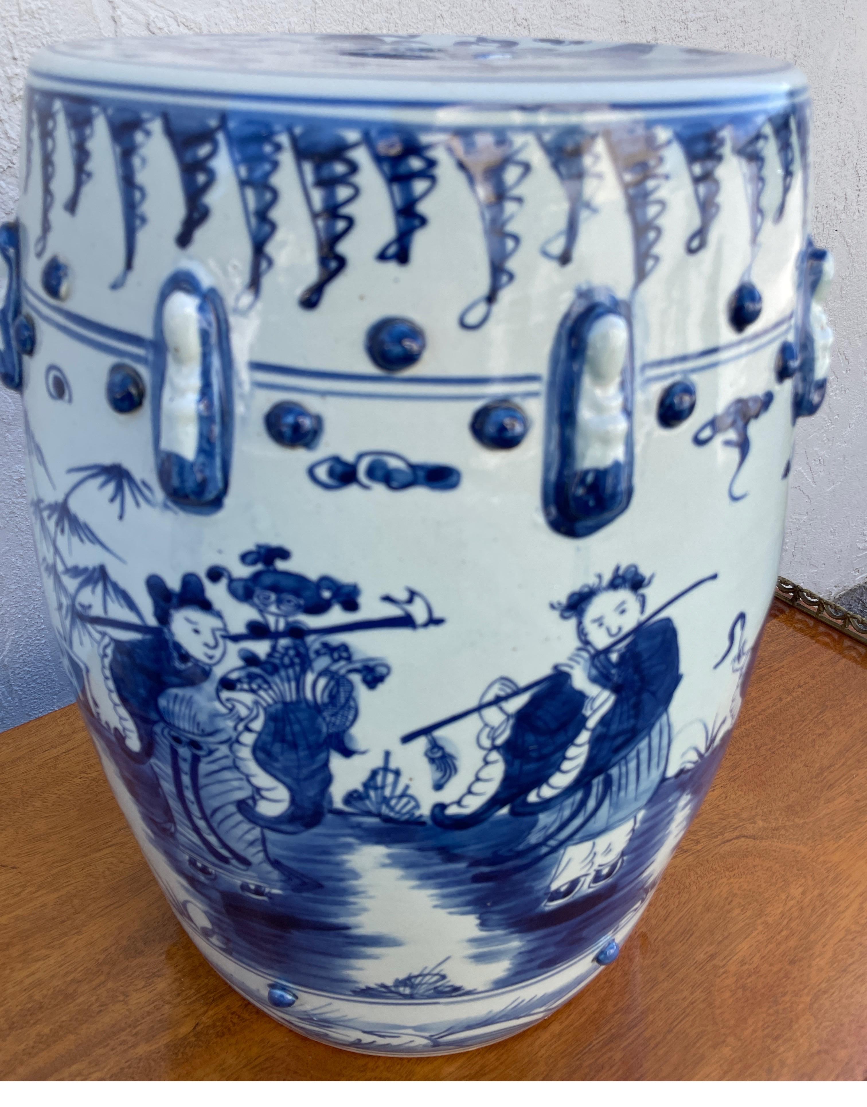 Striking blue and white garden seat. Very Chinoiserie in design with great attention to detail.